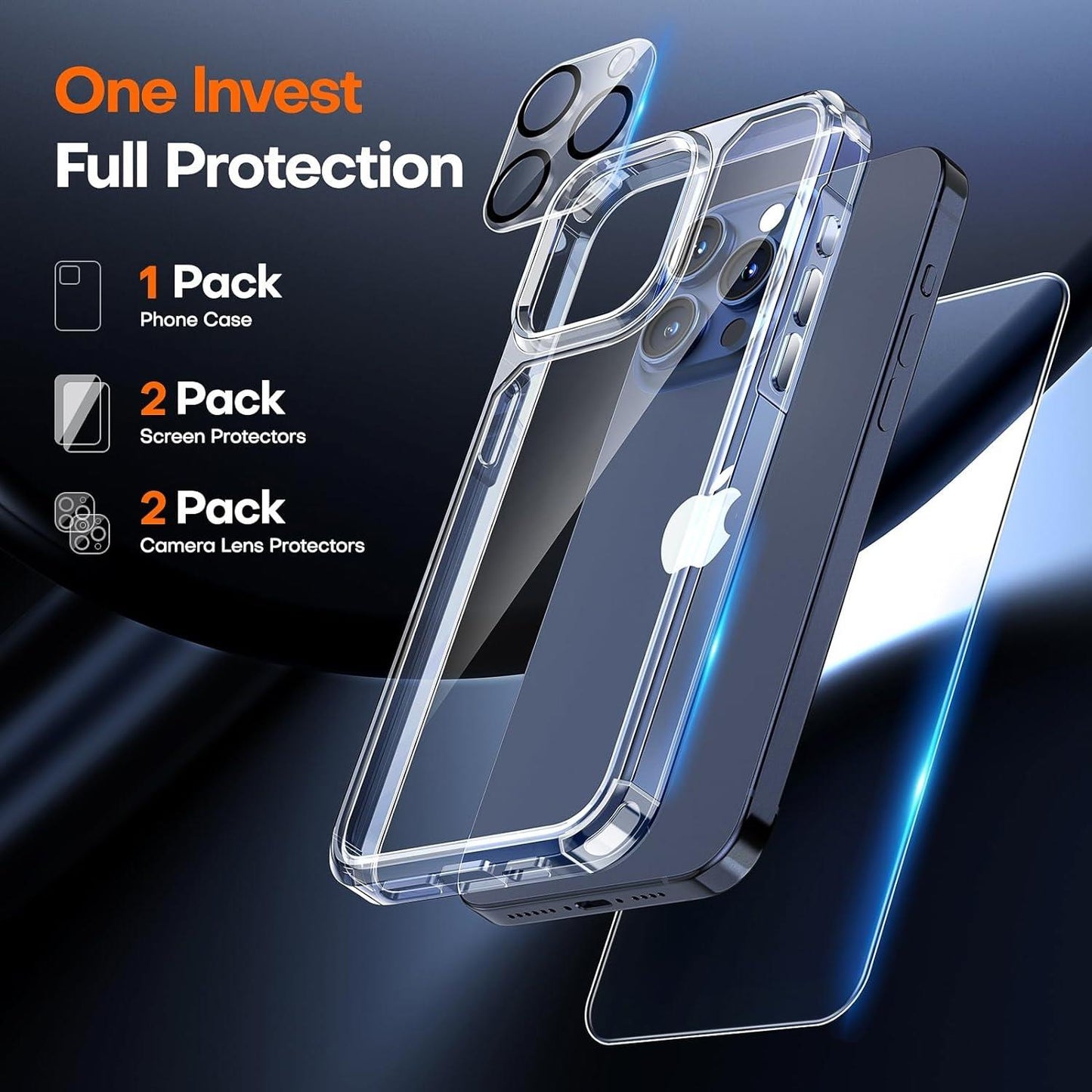 1 iPhone Case, 2 Screen Protectors, 2 Lens Protectors