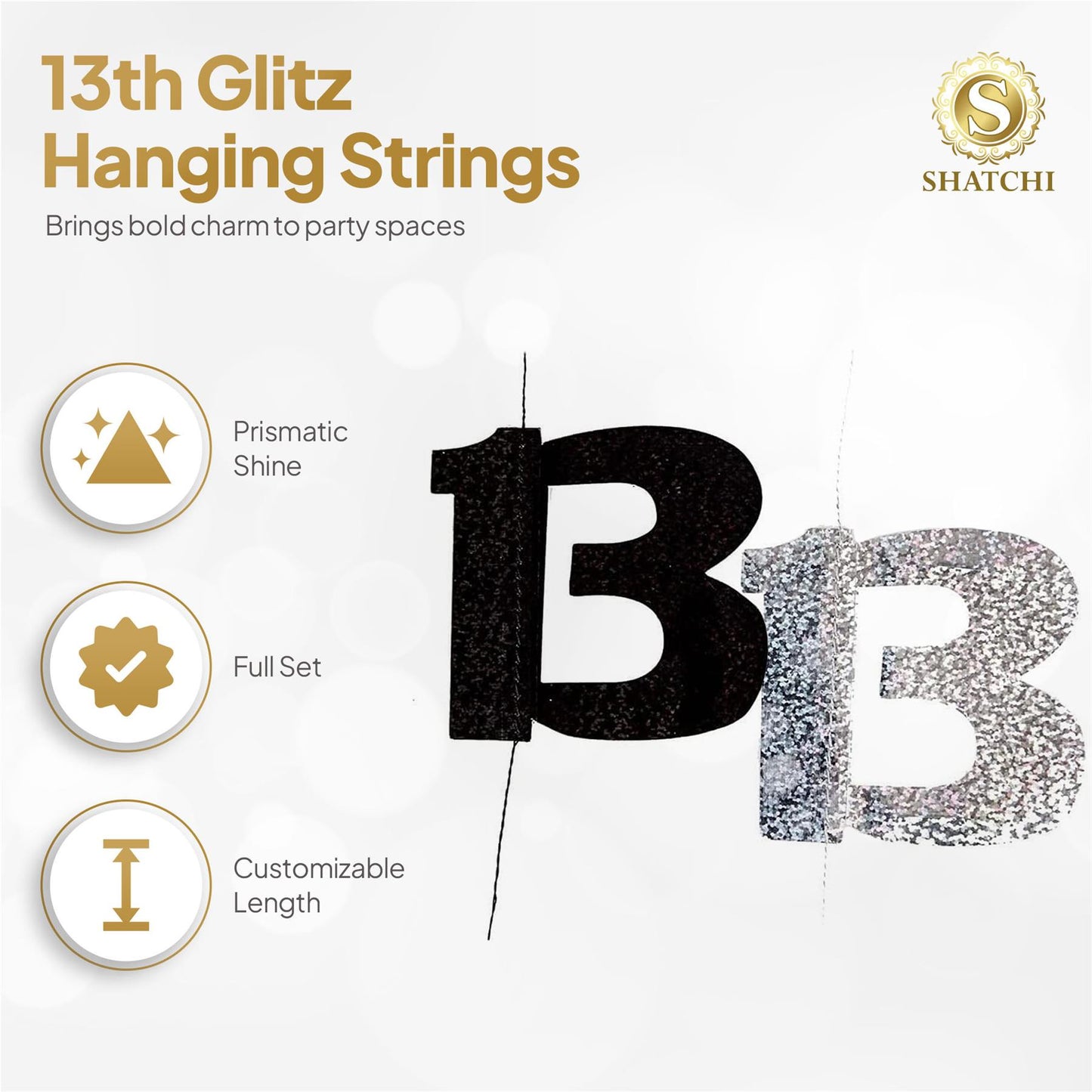 Shatchi 13th Glitz Black & Silver Hanging String Decorations Pack of 6