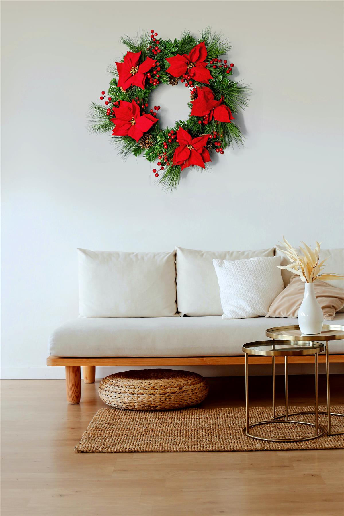 60cm Battery Operated Pre-Lit Red Poinsettia Wreath with 50 Warm White LEDs