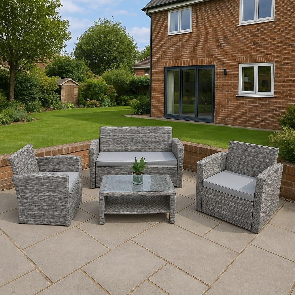 Rattan Garden Furniture Sofa Set Armchair Sofa Glass Table Outdoor Patio 4Pcs