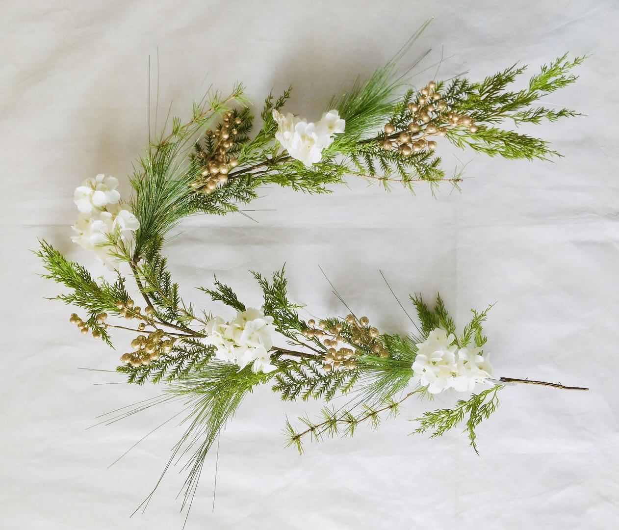 Natural Looking Garland Decorated With Golden Berries, White Flowers & Leaves