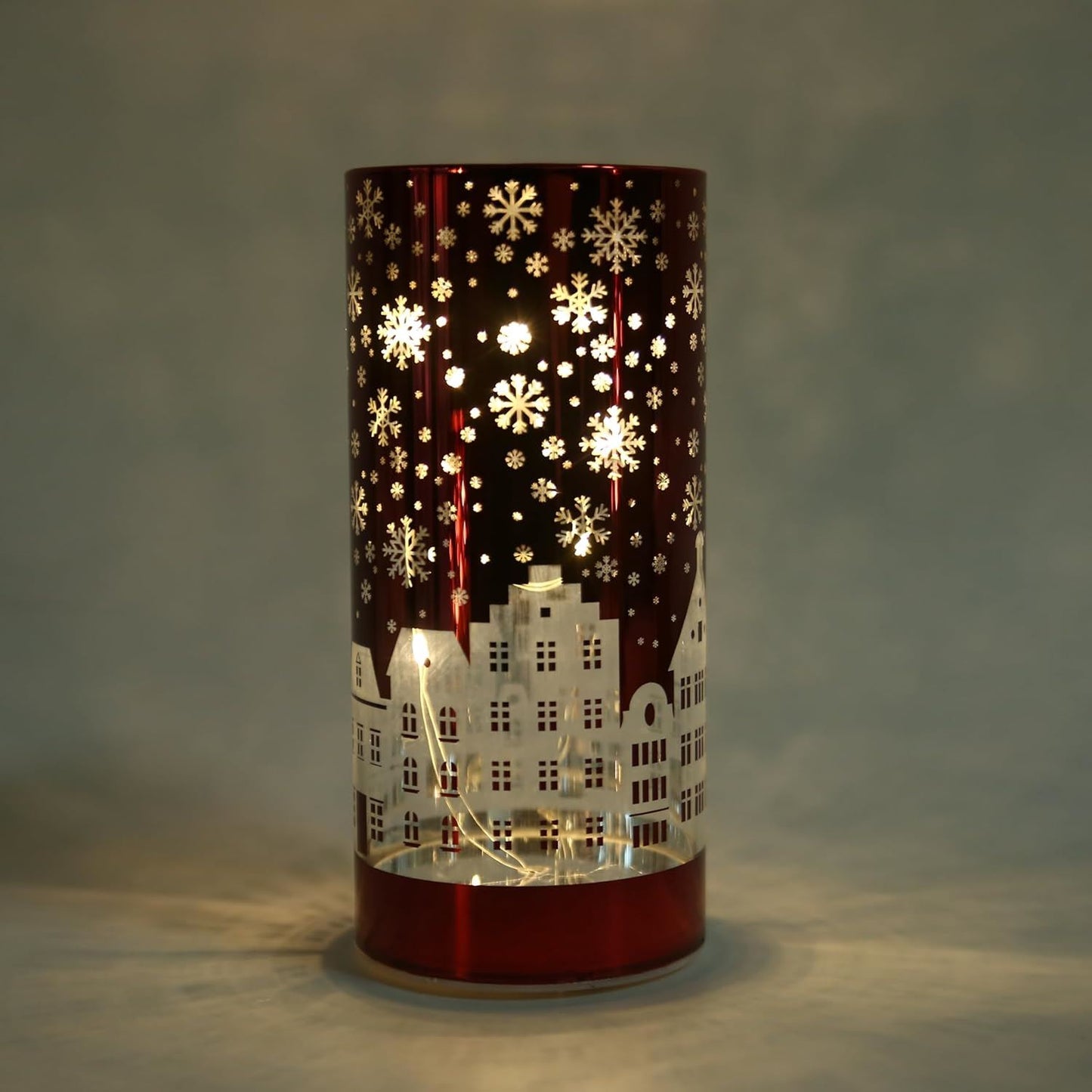 LED Red Glass Vase with Village Scene 17cm