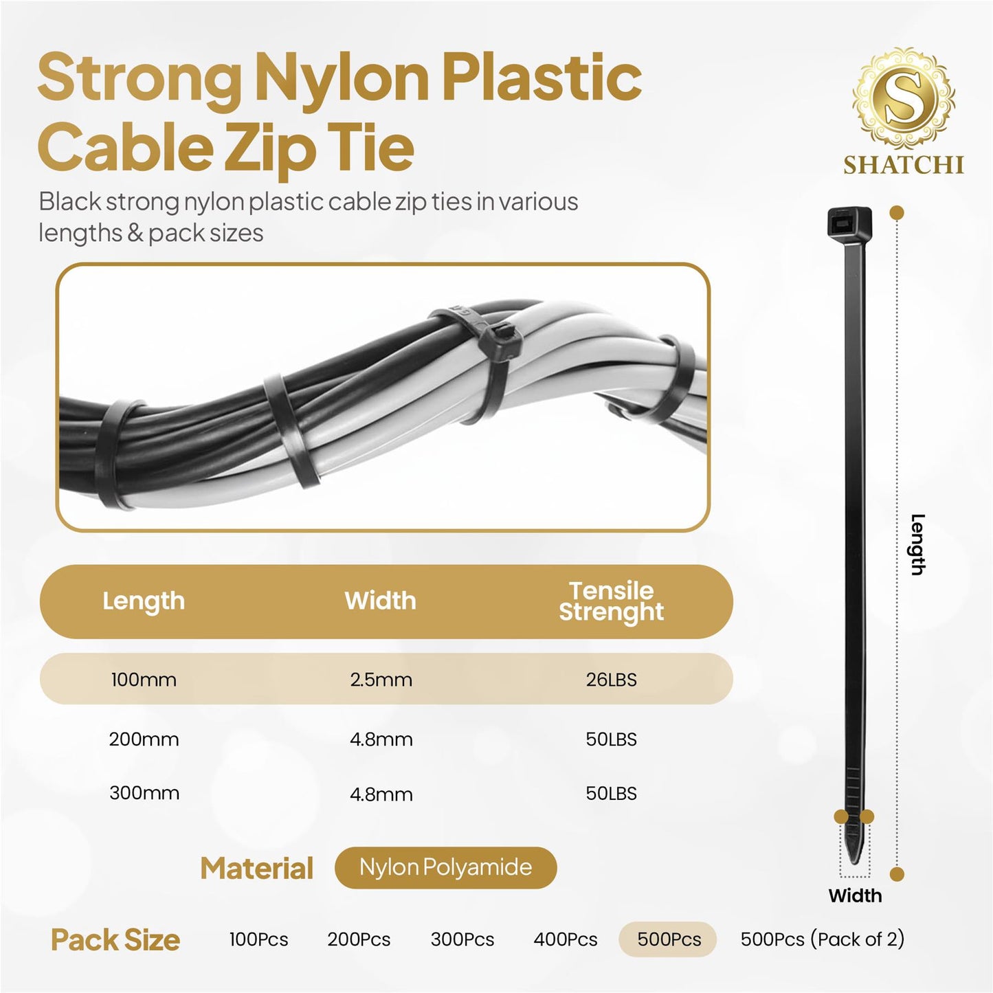 500 pcs Black Nylon Cable Ties 100mm x 2.5mm