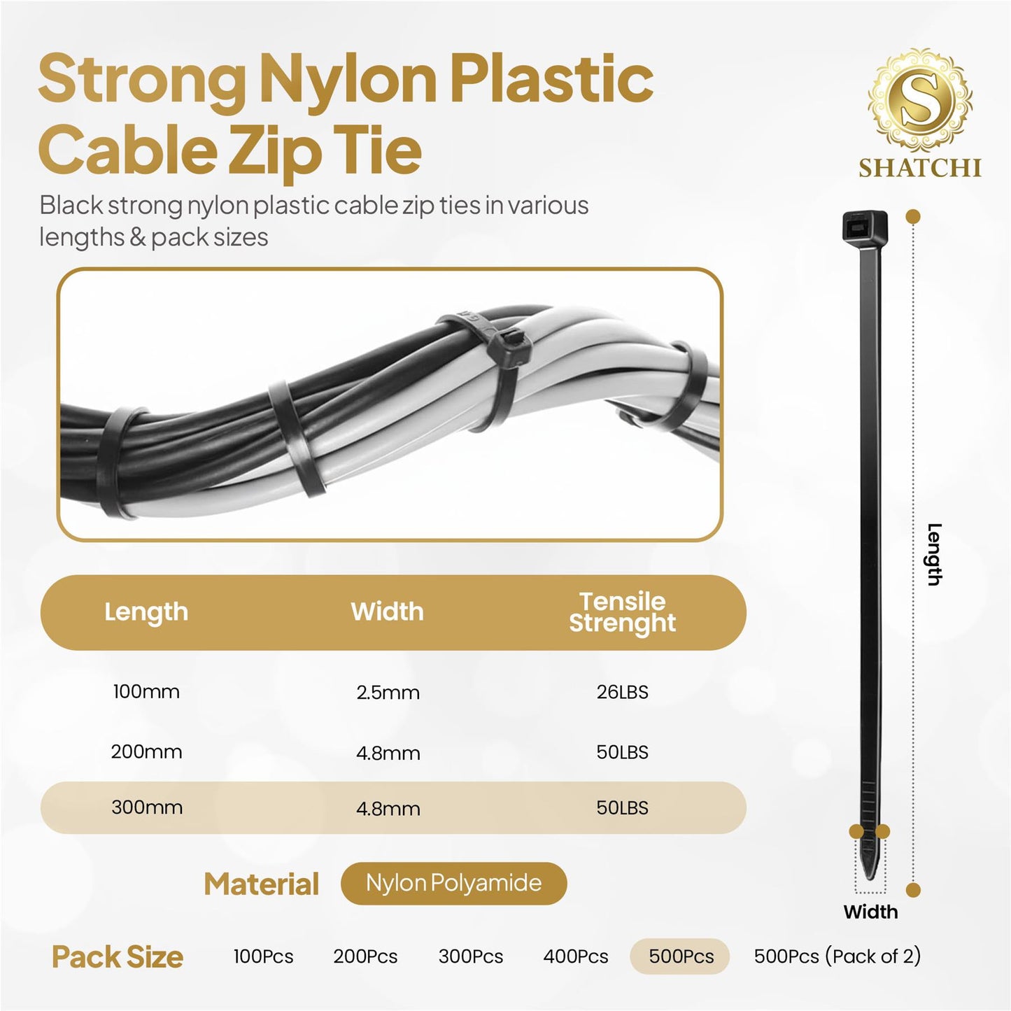 500 Black Nylon Cable Ties (300mm x 4.8mm)
