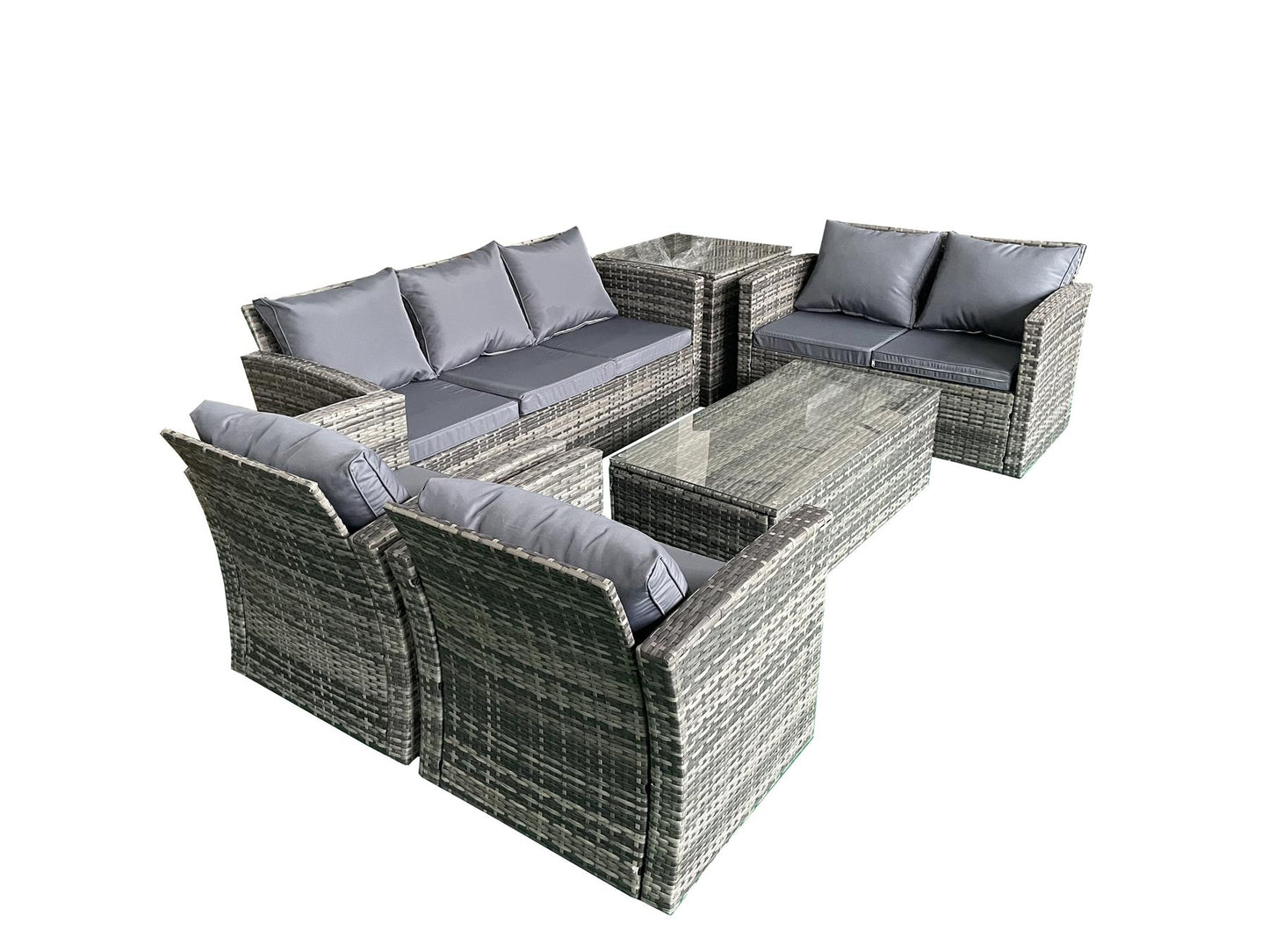 Grey Rattan Sofa Set (3 Seater, 2 Seater, 2 Chairs, 1 Storage Box, 1 Table)