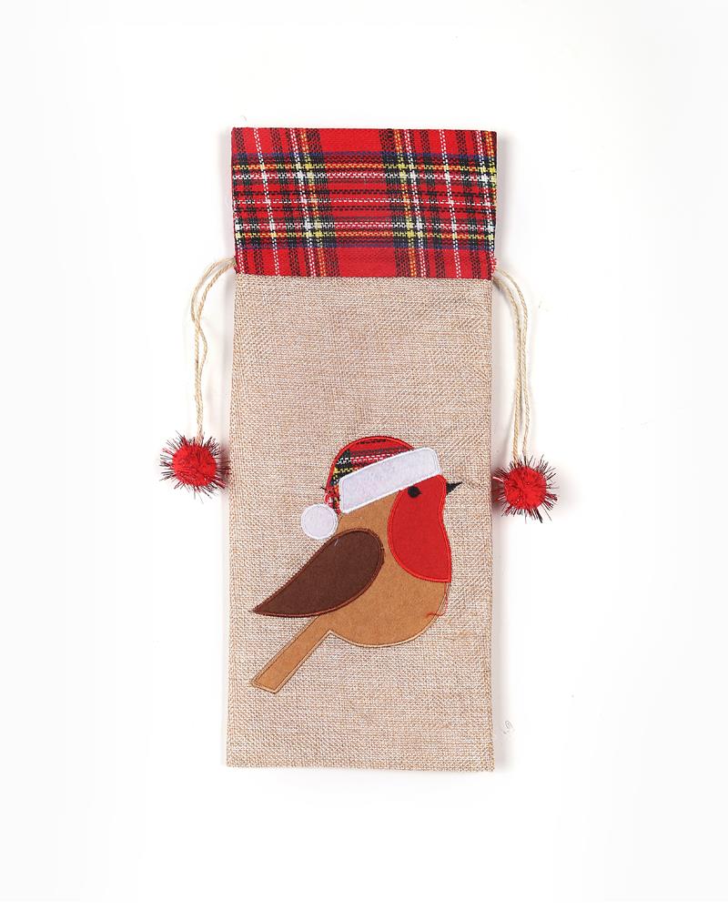 Christmas Wine Bottle Cover featuring Robin - 15x35cm