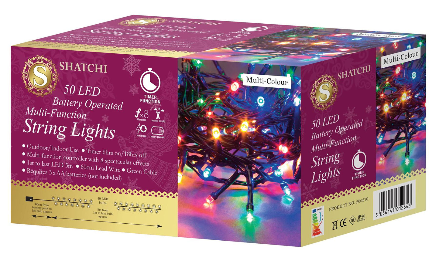 50 LED Multi-Coloured Outdoor String Lights Battery Operated Waterproof with Timer