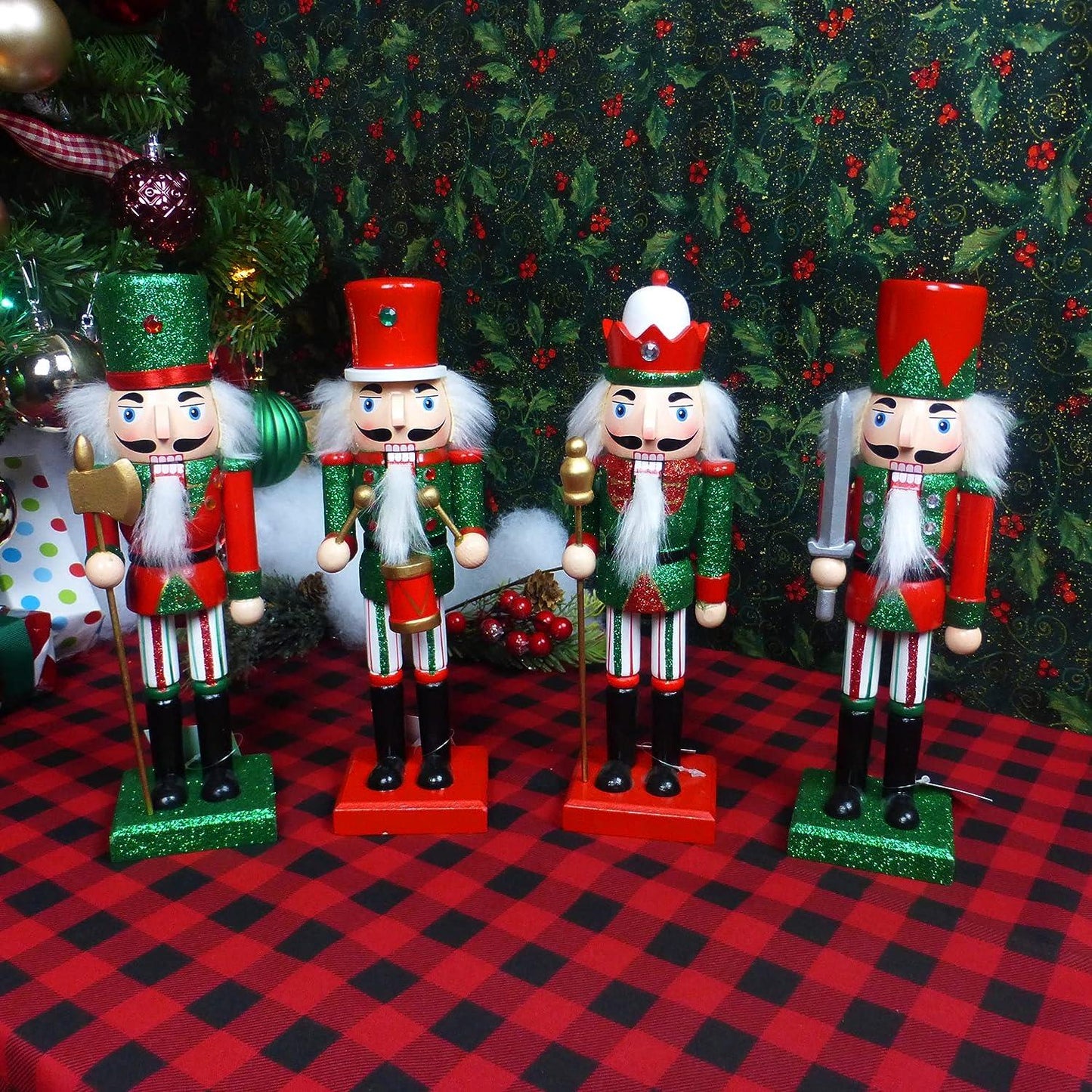 25cm Red & Green Wooden Nutcrackers - 4-Piece Set