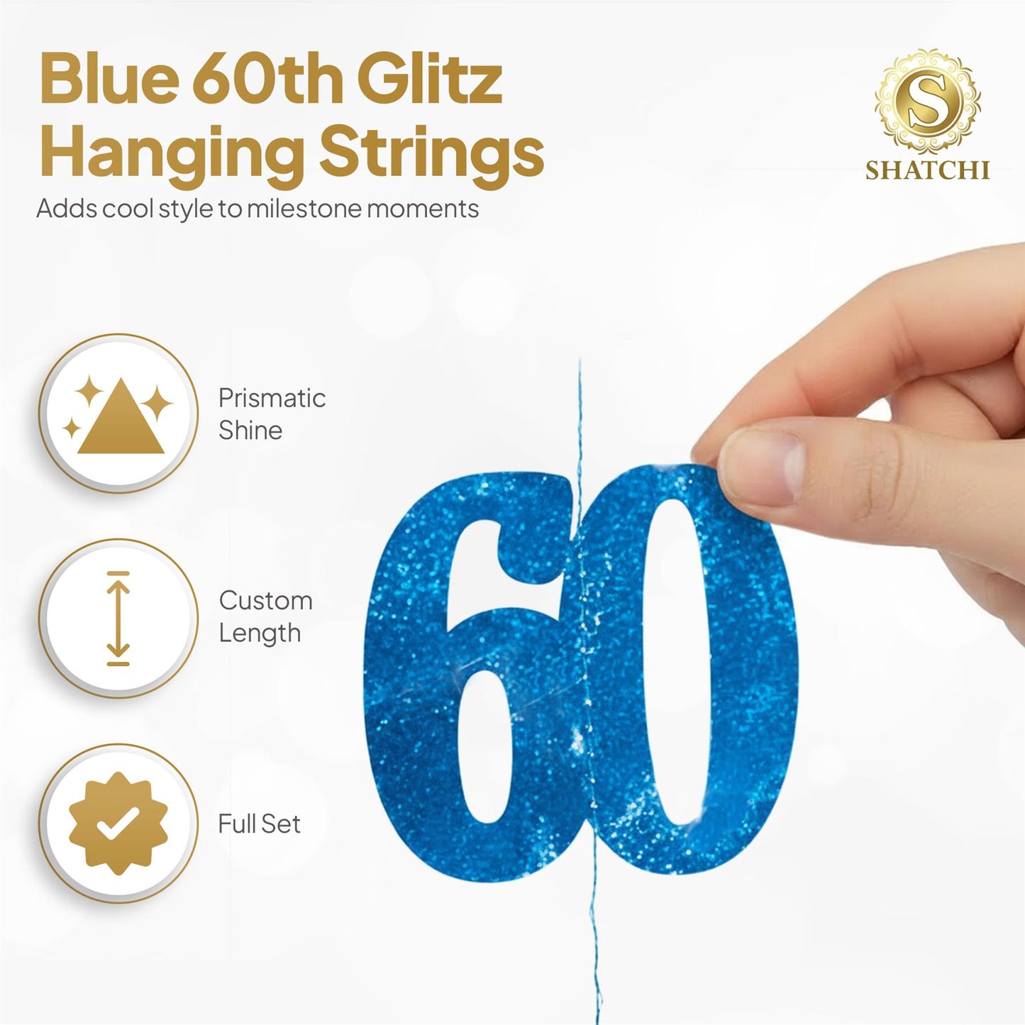Shatchi 60th Glitz Blue Foil Hanging String Party Decorations Pack of 6