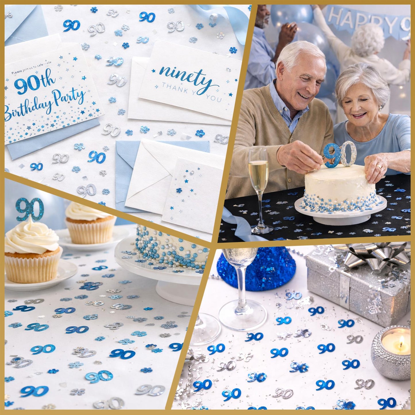 90th Birthday Confetti Blue & Silver 14G 1PK