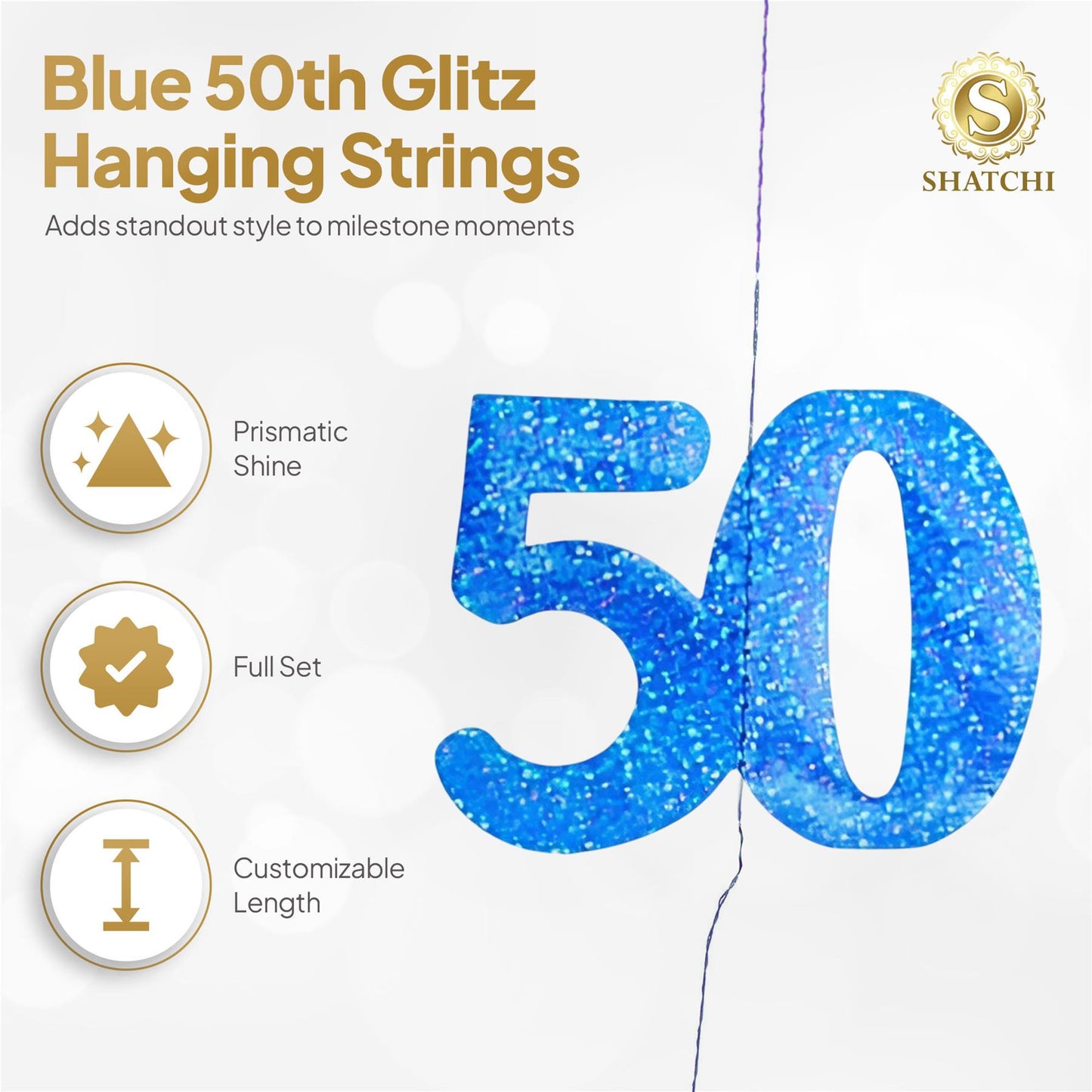 Shatchi 50th Glitz Blue Foil Hanging String Party Decorations Pack of 6