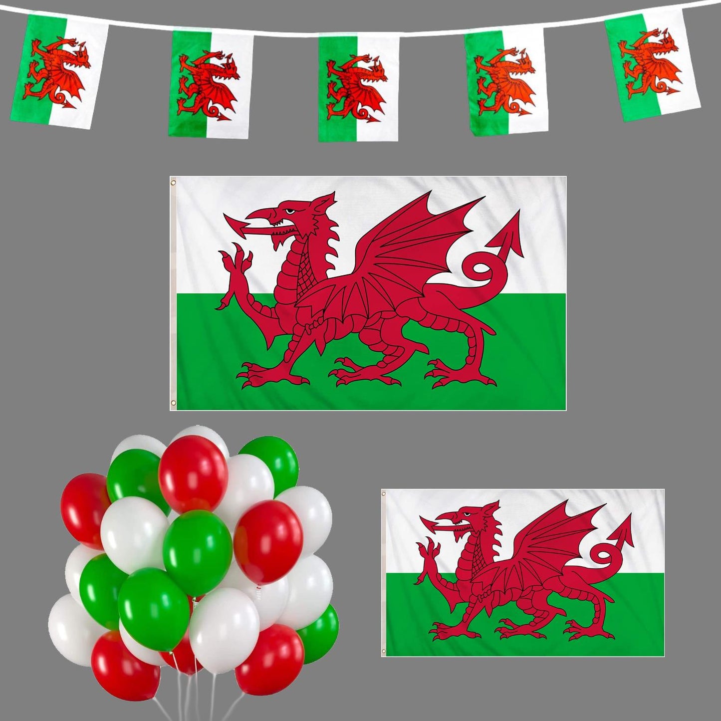 Wales Party Pack Total 28Pcs Including 8x5 Flag , 5x3 Flag , 10m/25flags Square Bunting and 25 Pcs RGW Balloons