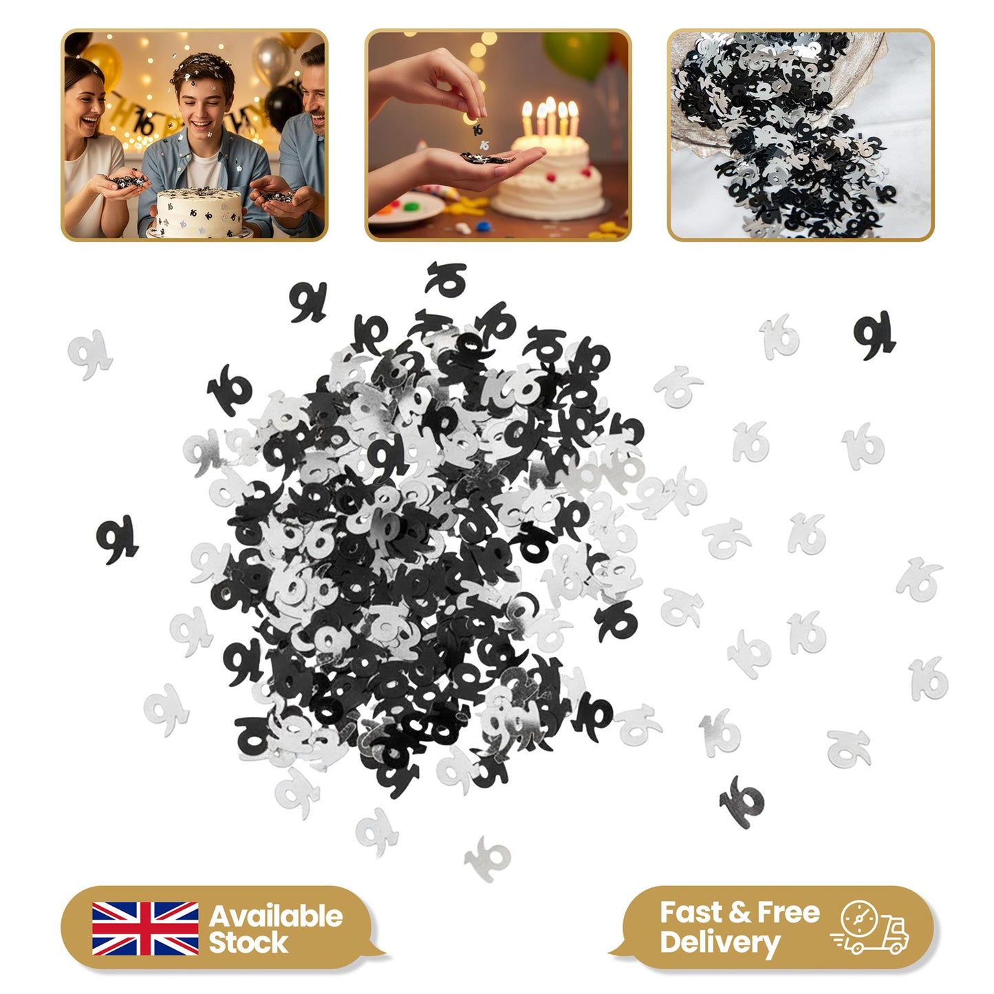 2 Packs of Black-Silver Happy 16th Birthday Confetti