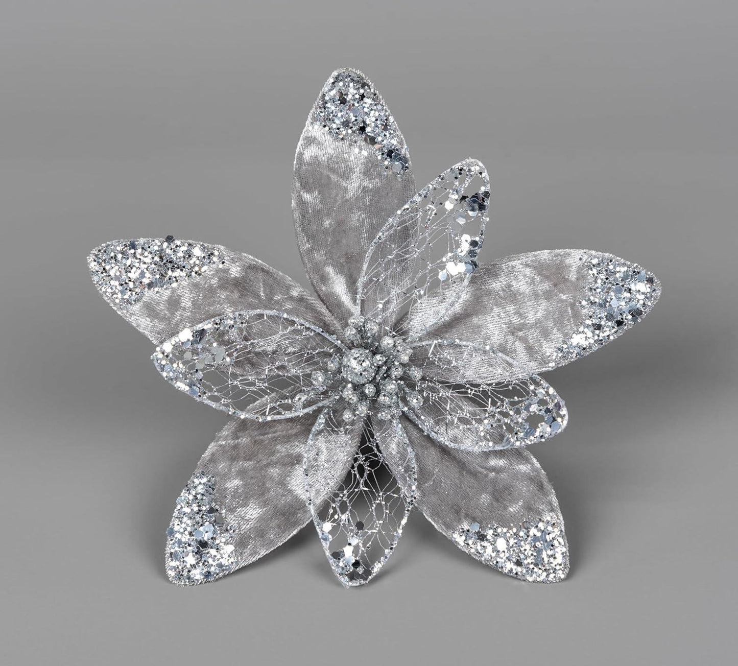 20cm Silver Poinsettia Flower, 6pcs