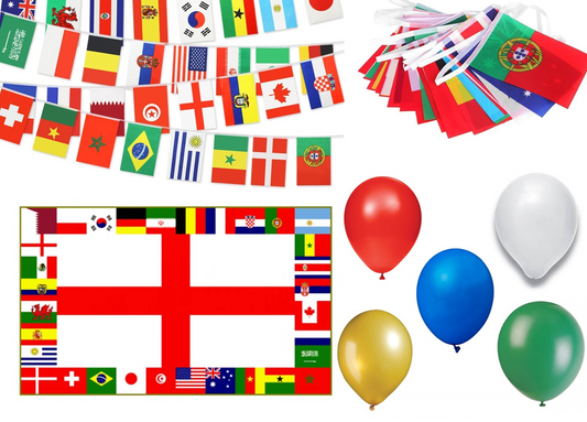 World Cup Party Pack Total 27Pcs (1x World Cup Flag ,10M Bunting and 25xAssorted Balloons)