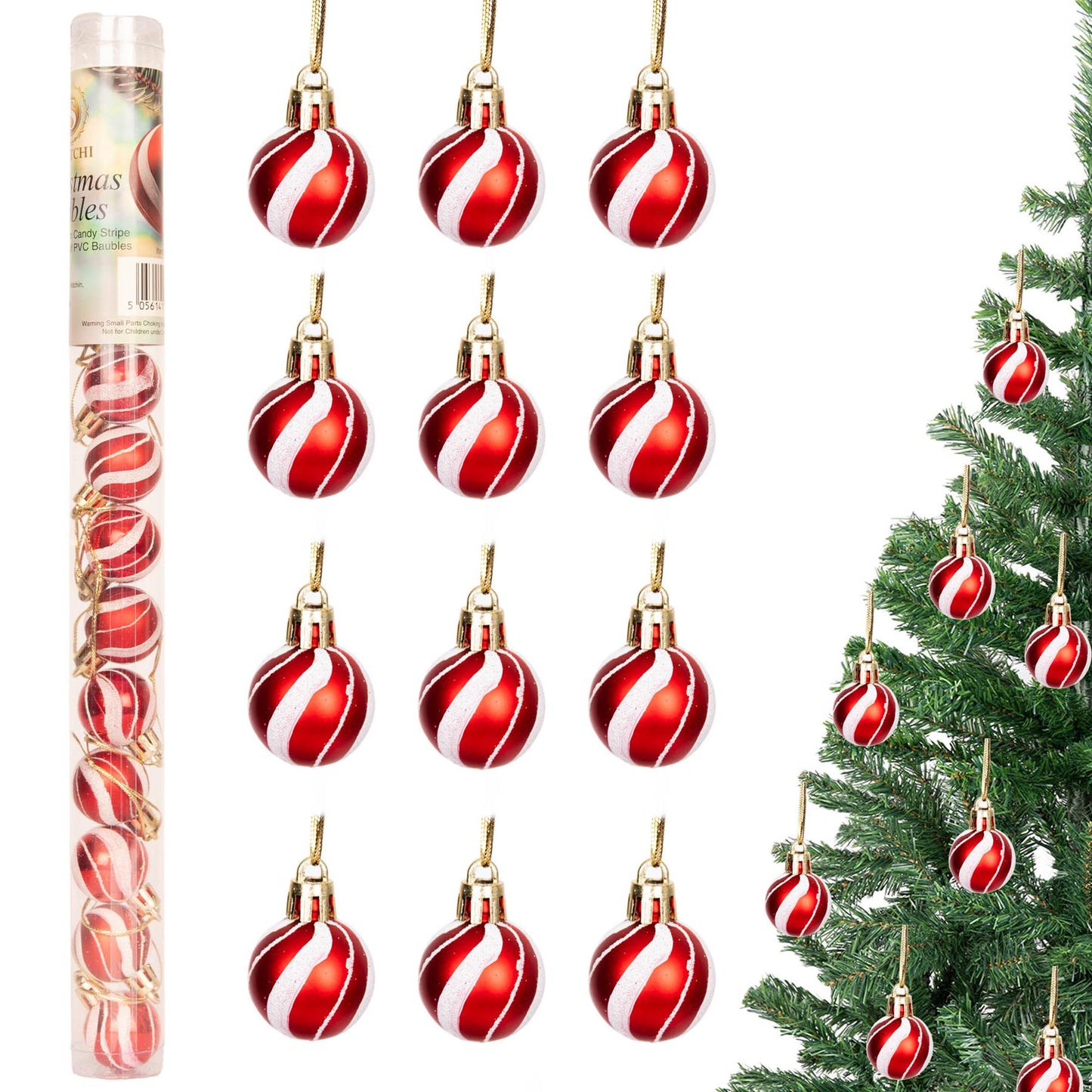 12 Candy Stripe Baubles - 3cm