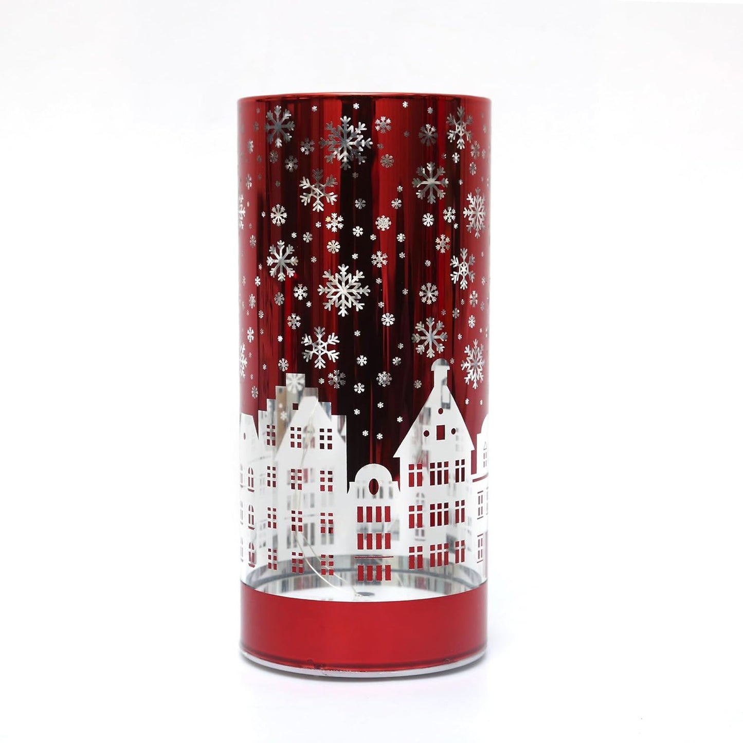 LED Red Glass Vase with Village Scene 17cm