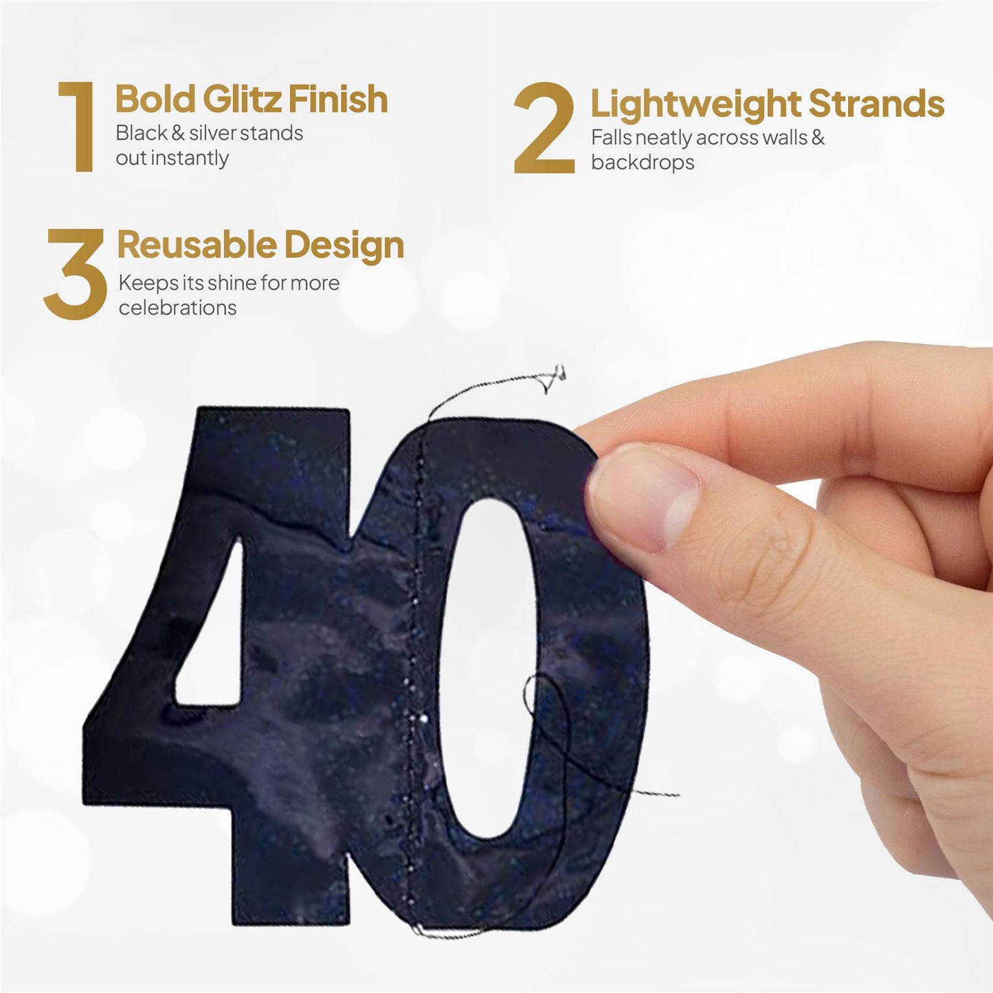 Shatchi 40th Glitz Black & Silver Hanging String Decorations Pack of 6