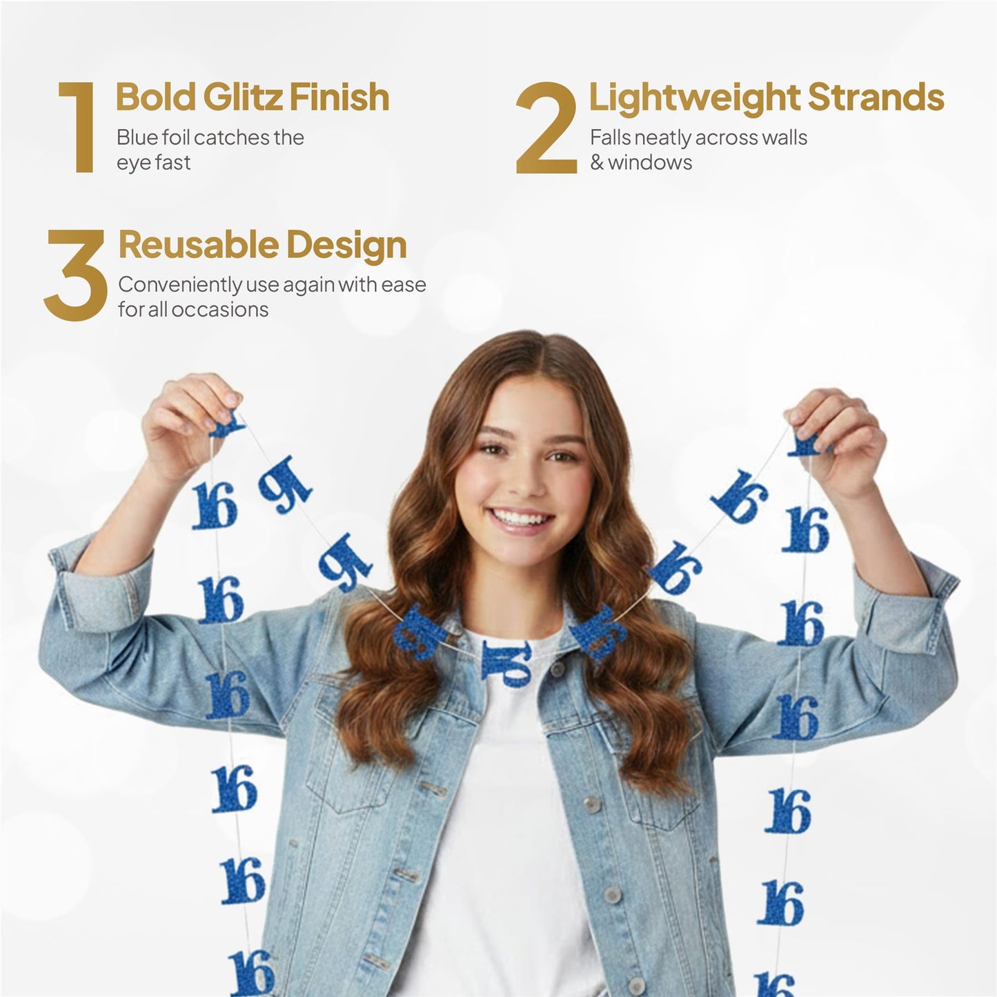 Shatchi 16th Glitz Blue Foil Hanging String Party Decorations Pack of 6