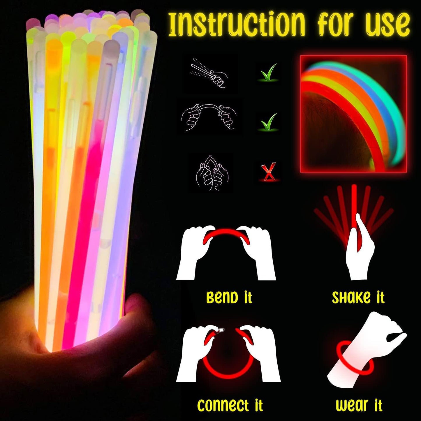 200 Glowsticks in Mixed Colors & 200 Bracelet Connectors