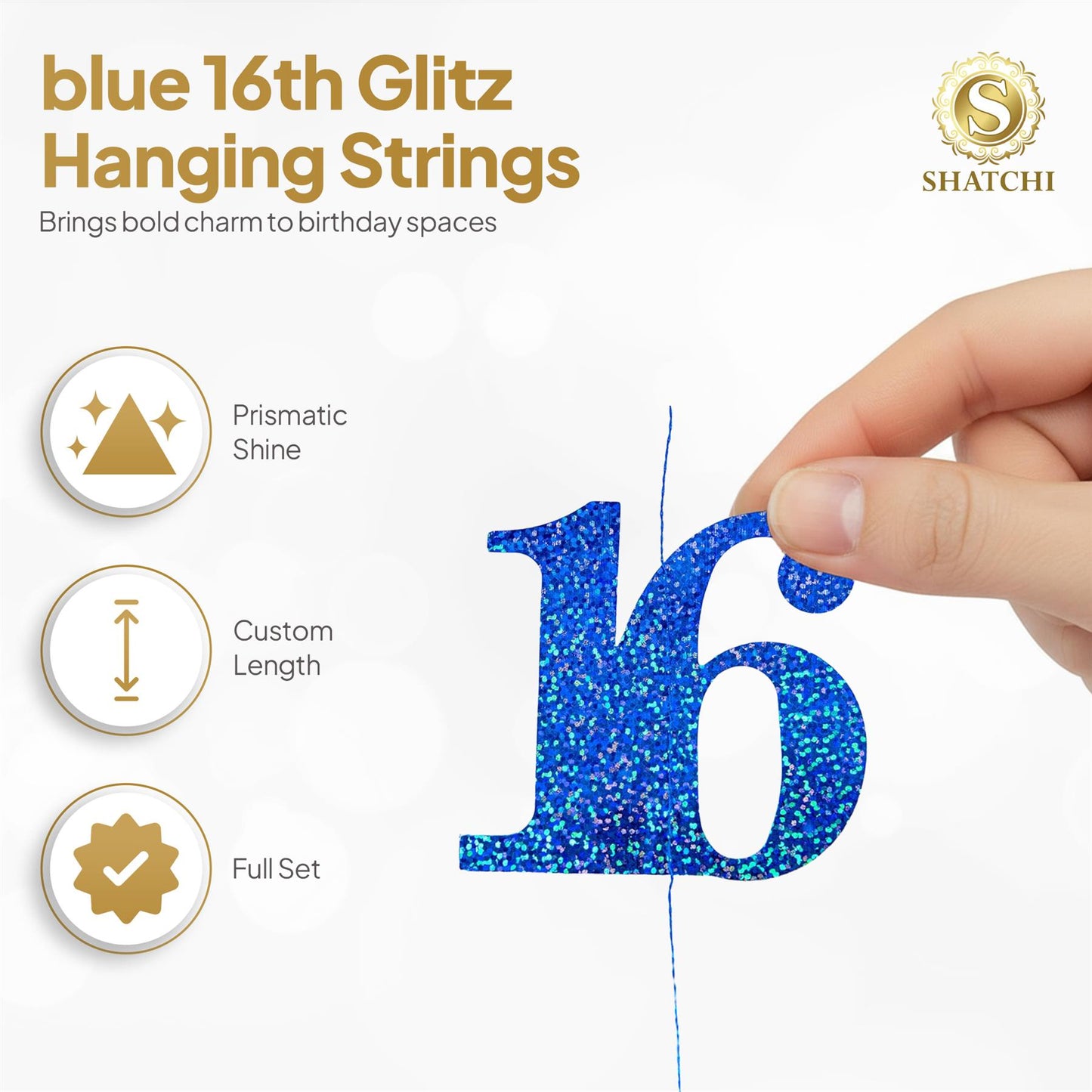 Shatchi 16th Glitz Blue Foil Hanging String Party Decorations Pack of 6