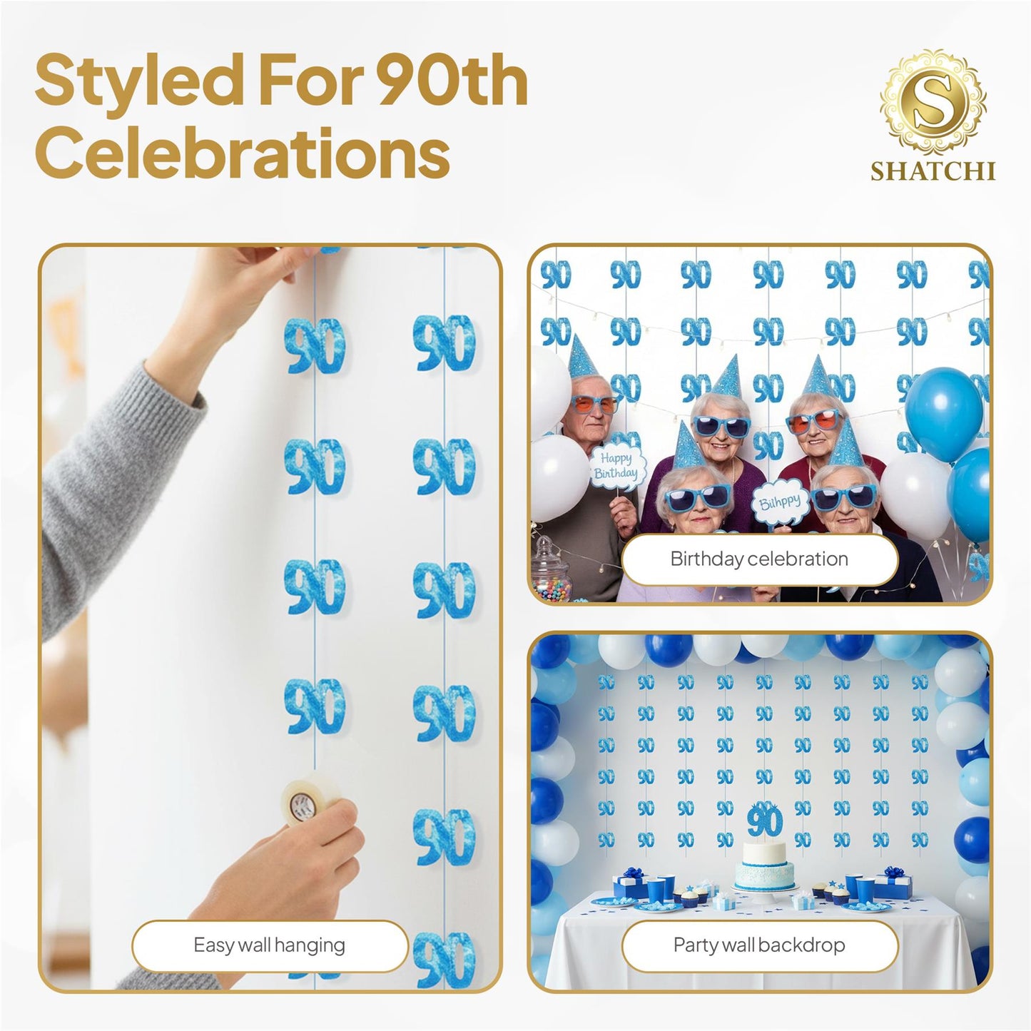 Shatchi 90th Glitz Blue Foil Hanging String Party Decorations Pack of 6