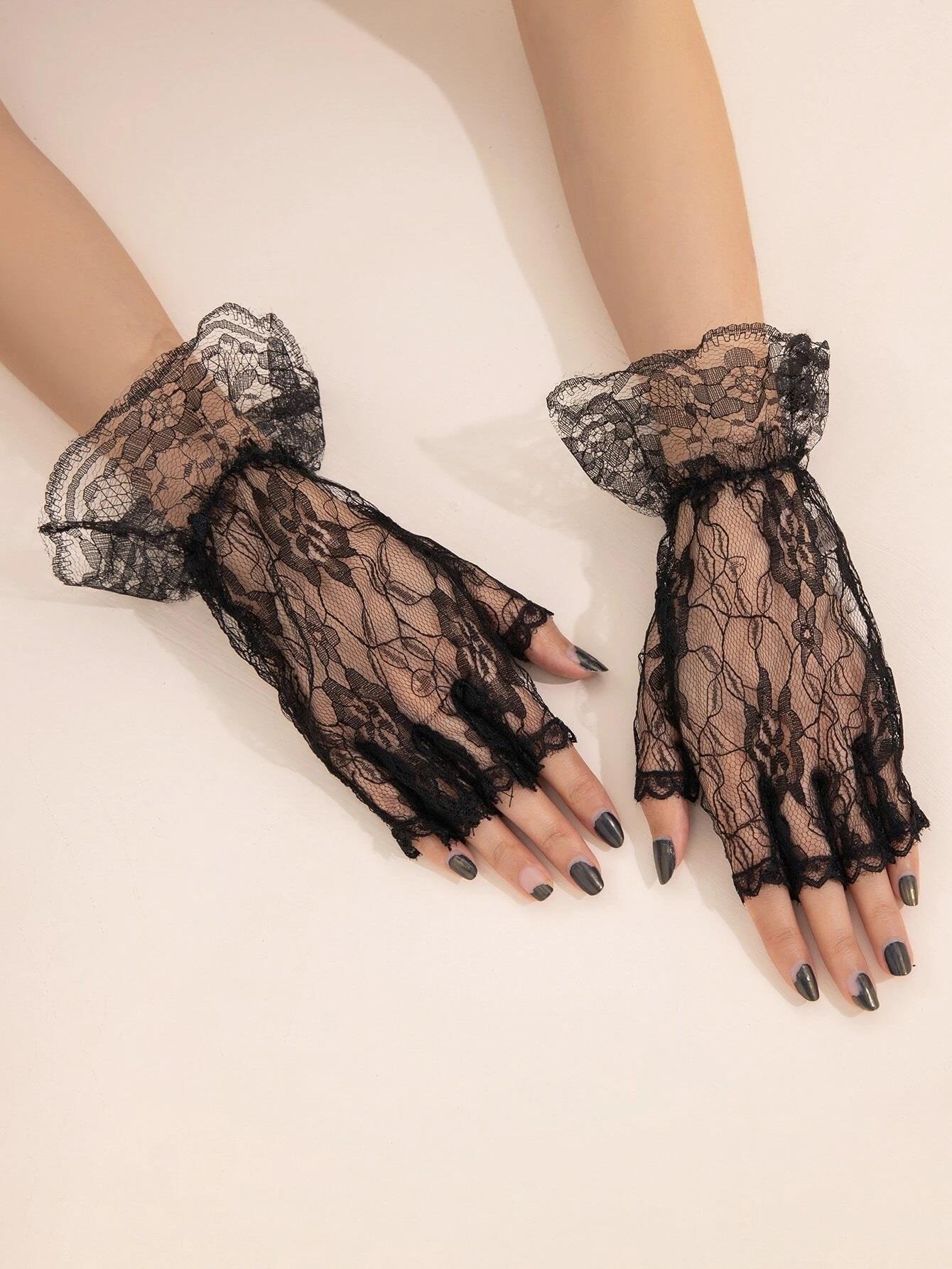 Black Lace Fingerless Gloves, Women�s Halloween Accessory