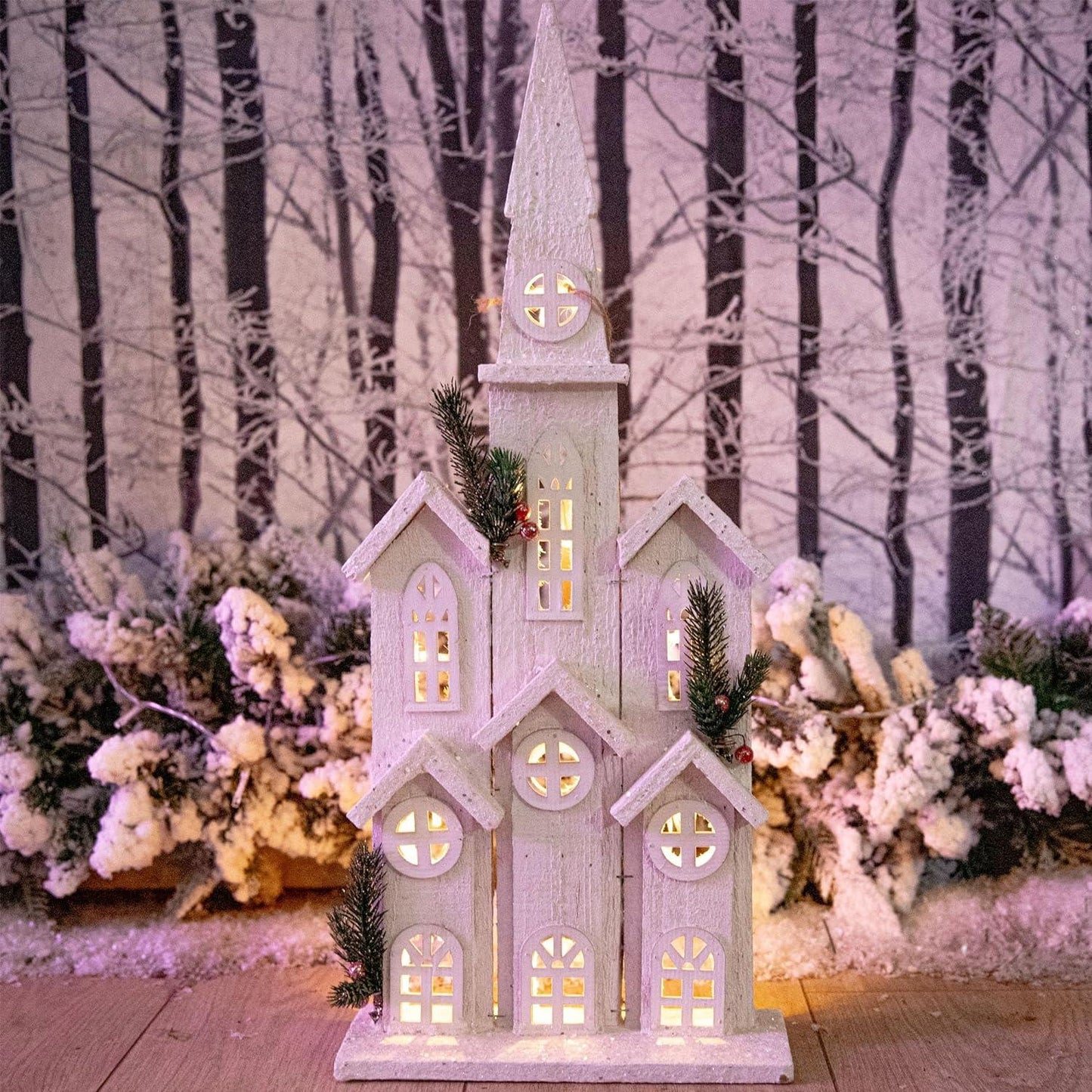 LED White Wooden Church House 24x8x58CMation