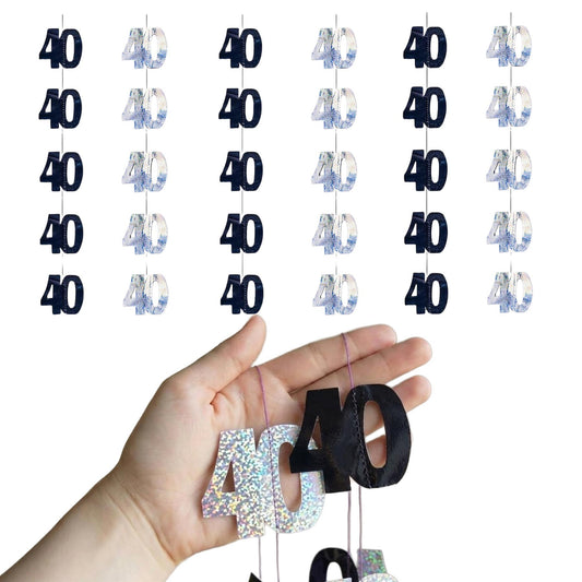 Shatchi 40th Glitz Black & Silver Hanging String Decorations Pack of 6