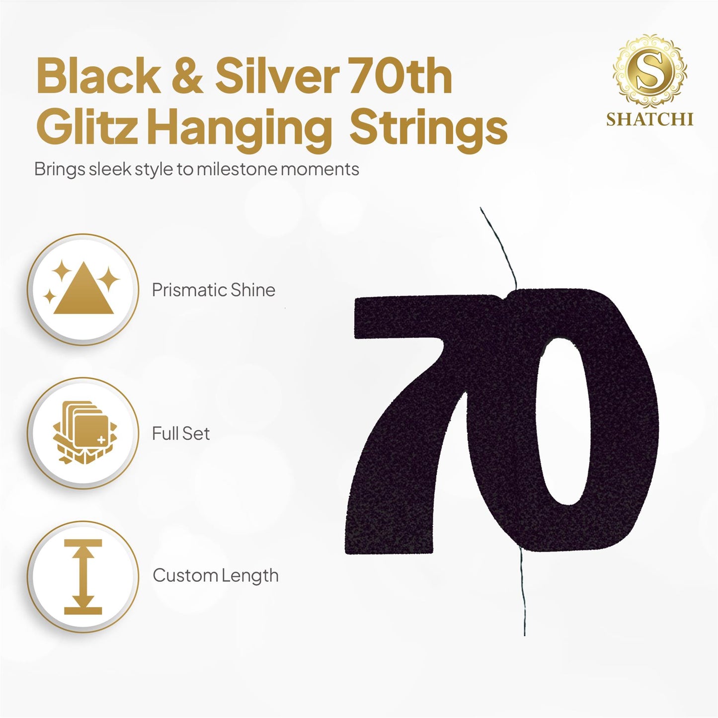 Shatchi 70th Glitz Black & Silver Hanging String Decorations Pack of 6