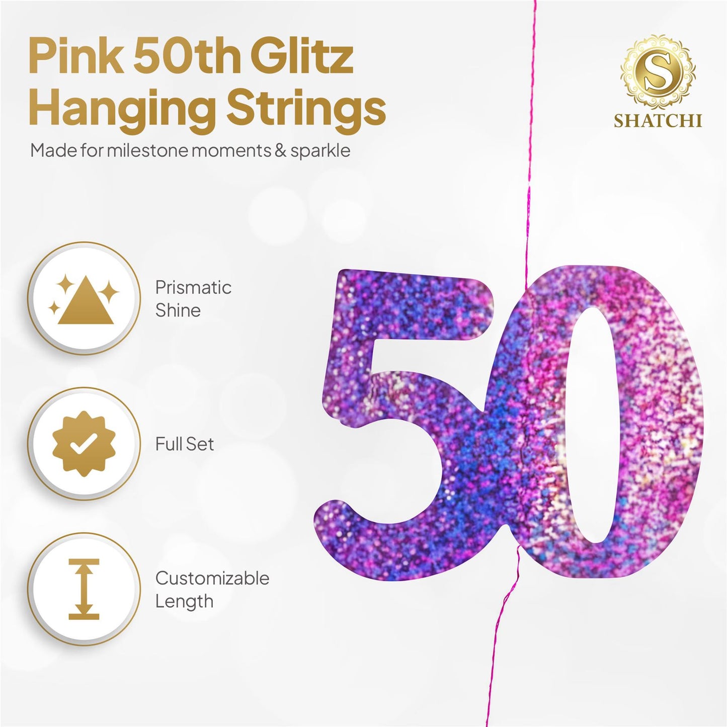 Shatchi 50th Glitz Pink Foil Hanging String Party Decorations Pack of 6