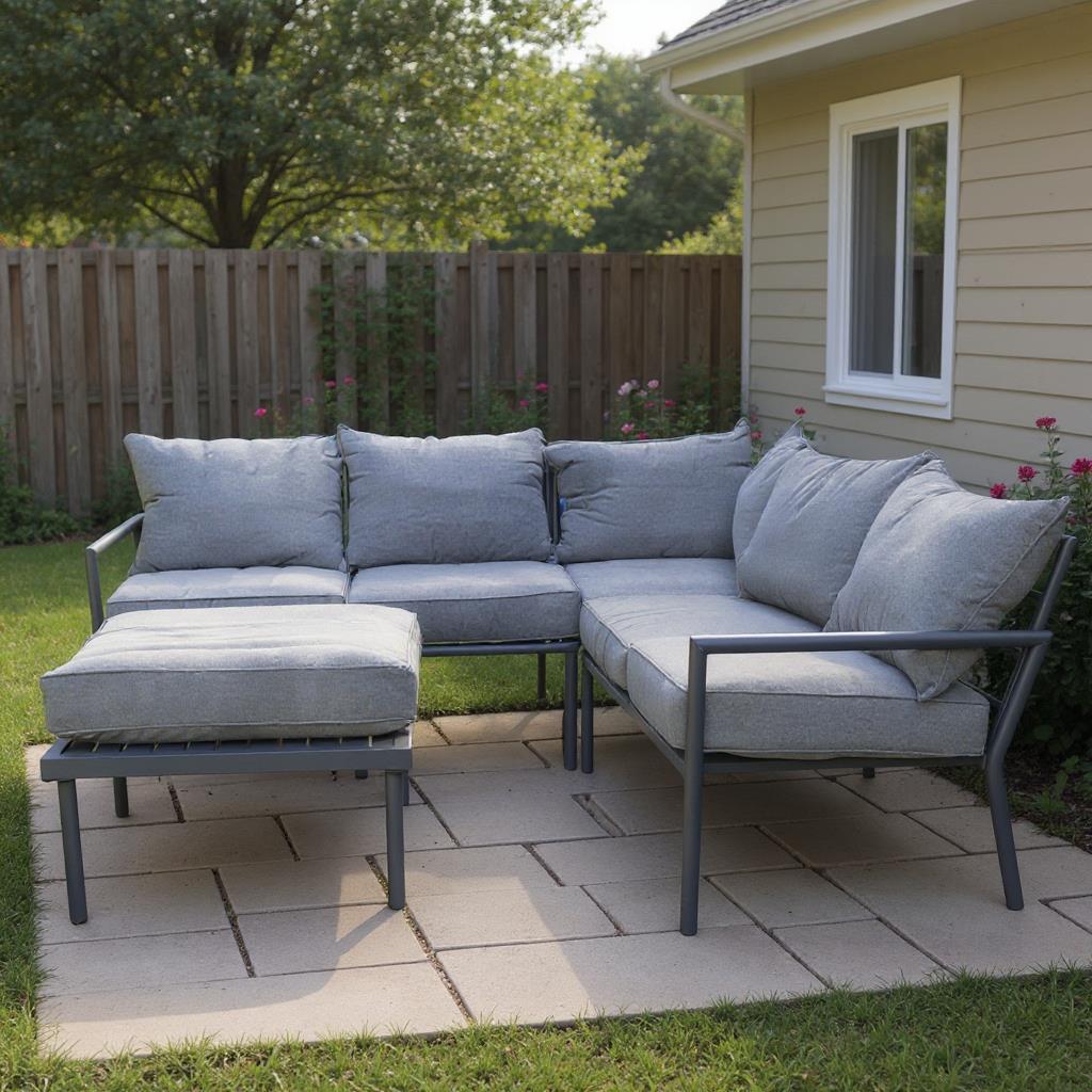 Marseilles Corner Sofa 5 Seater Outdoor Conversation Set w/ Loveseats, Ottoman Table Grey