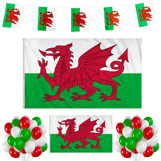 Wales Party Pack Total 28Pcs Including 8x5 Flag , 5x3 Flag , 10m/25flags Square Bunting and 25 Pcs RGW Balloons