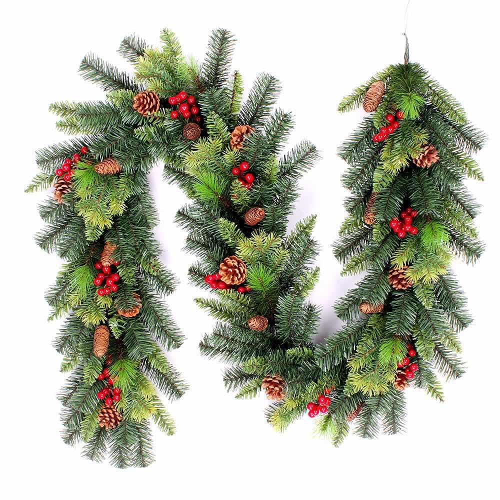 2m Elegant Pre-Lit Christmas Garland with Mixed Tips, Berries, and Pine Cones