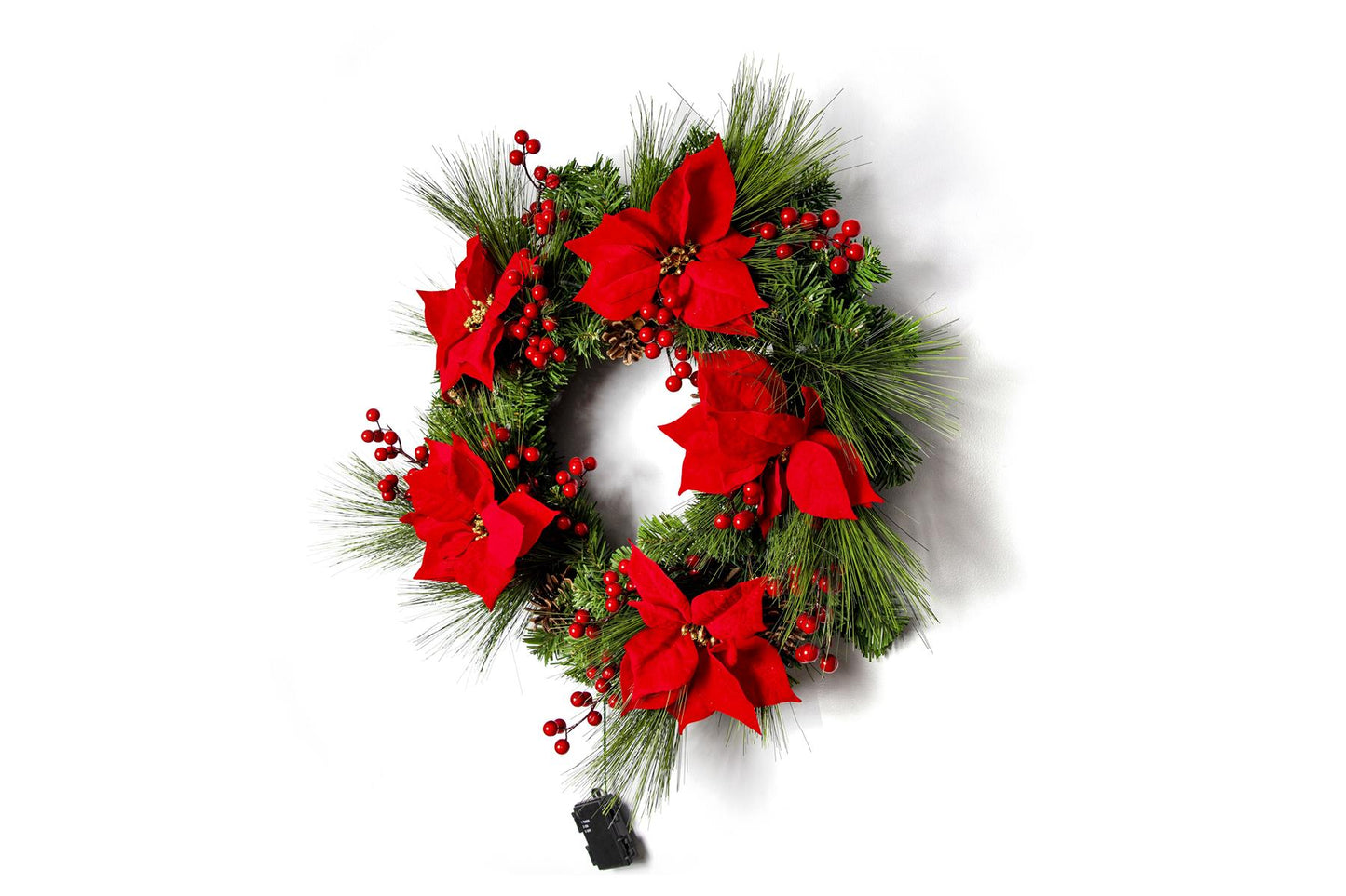 60cm Battery Operated Pre-Lit Red Poinsettia Wreath with 50 Warm White LEDs