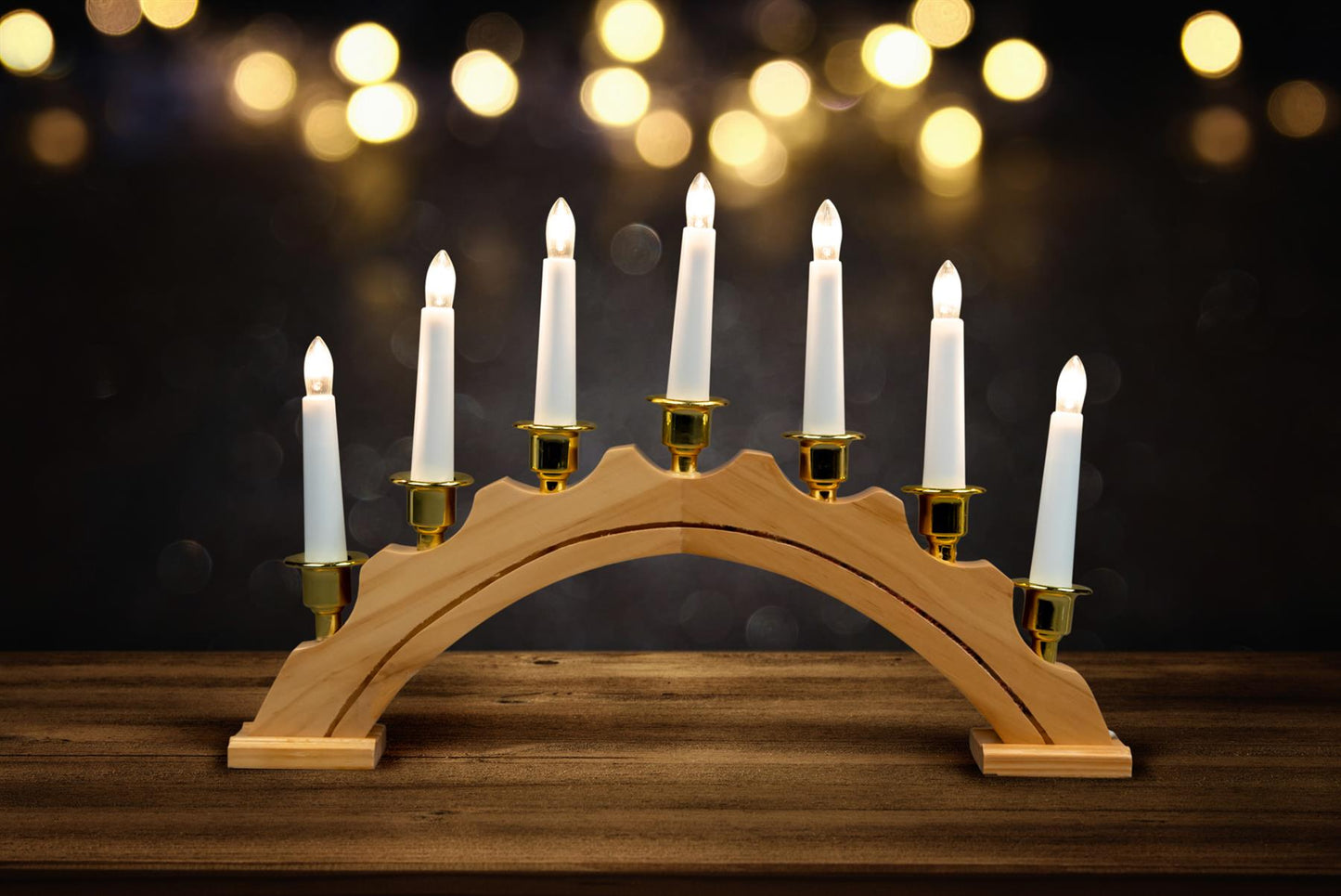 Christmas Wooden Arc Candle Bridge Light - 7 Bulbs, 39x27cm