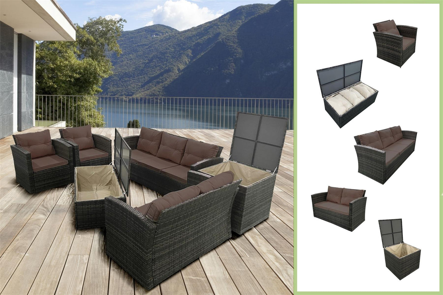 Brown Rattan 3 Seater Sofa, 2 Seater Sofa, 2 Chair, 1 Storage Box, 1 Table