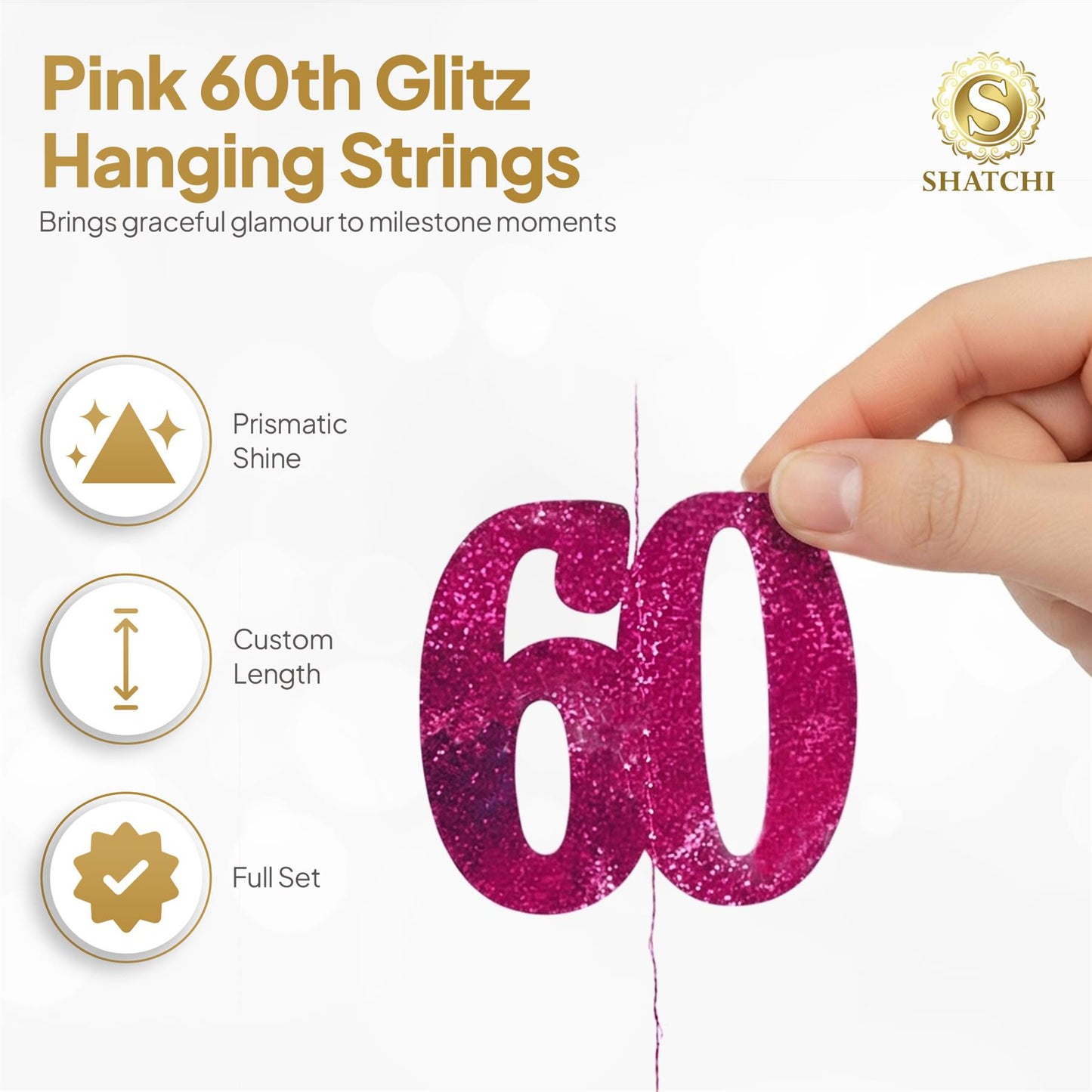 Shatchi 60th Glitz Pink Foil Hanging String Party Decorations Pack of 6