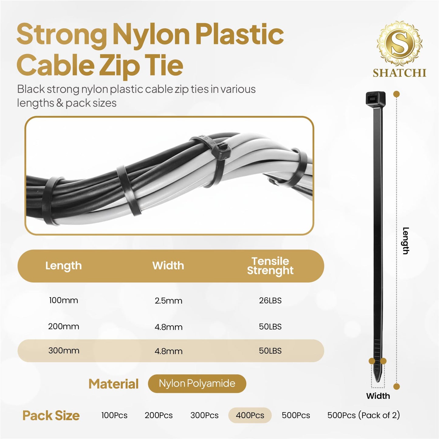 400 Black Nylon Cable Ties (300mm x 4.8mm)