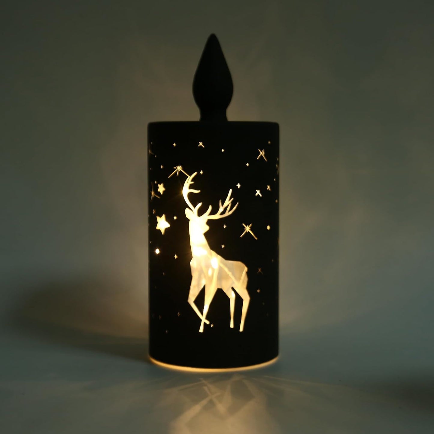 LED Black Glass Candle Vase with Stag Scene 22cm