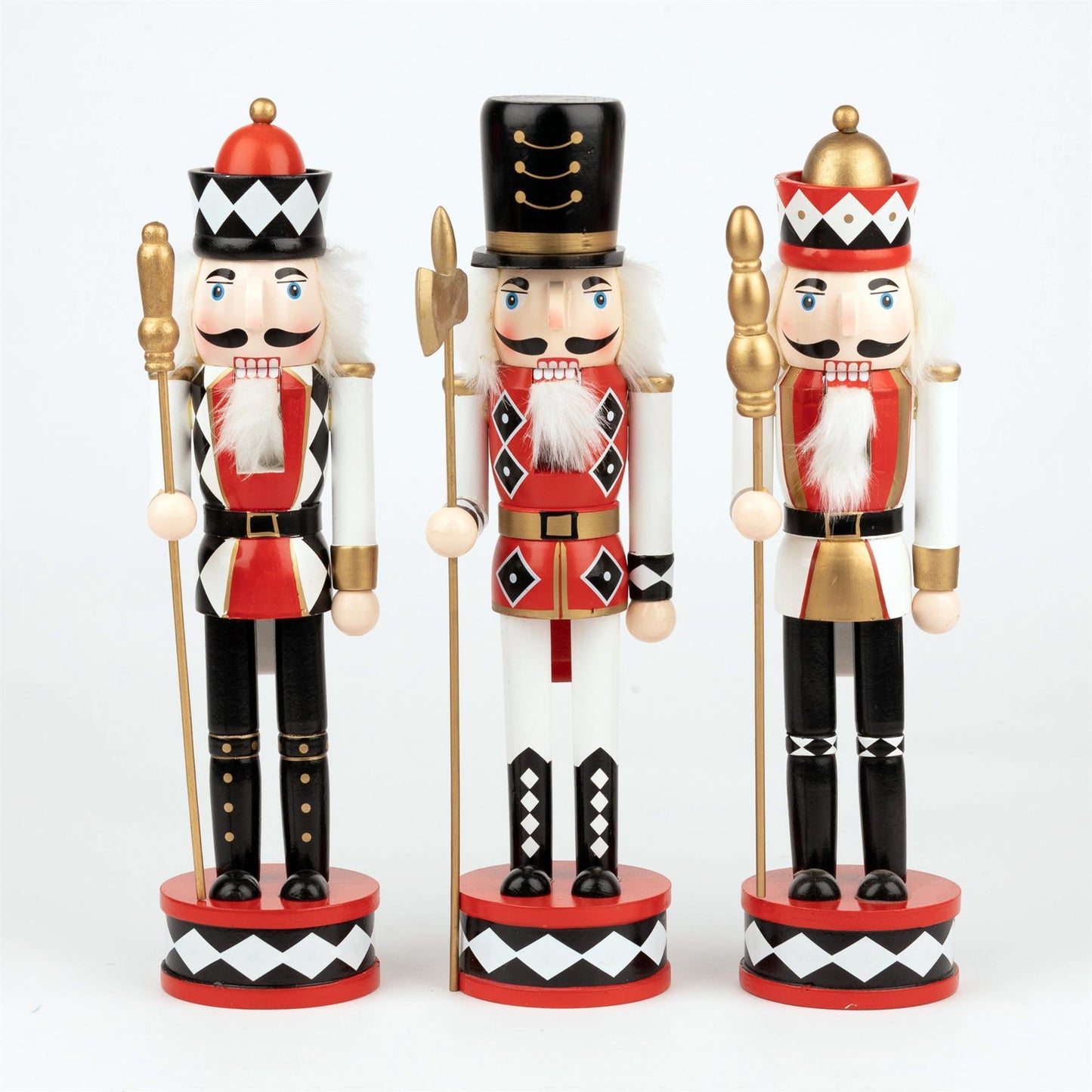 38cm Wooden Nutcracker Figures Christmas Ornament 3Pcs Set Red and Black