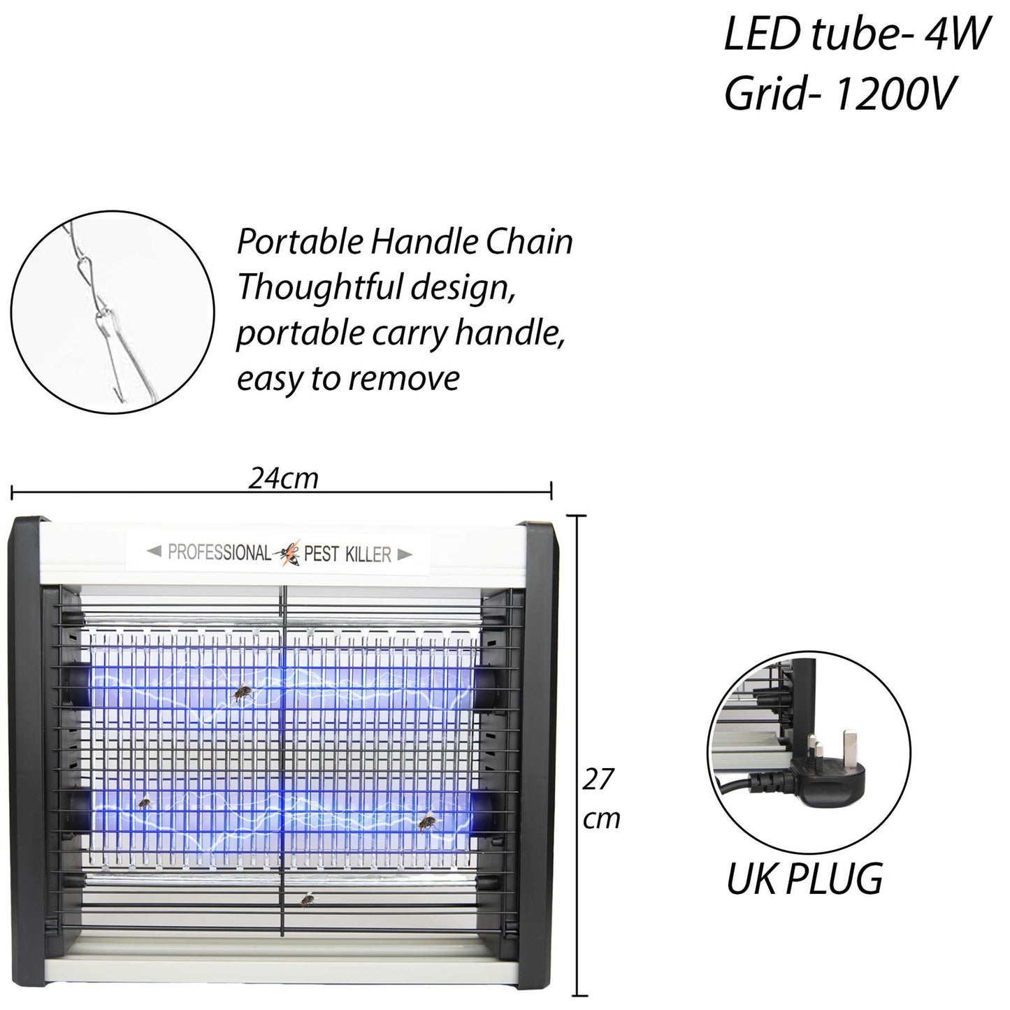 LED Tube Mains Operated Pest Killer 4W 1200V- 27x6x24cm