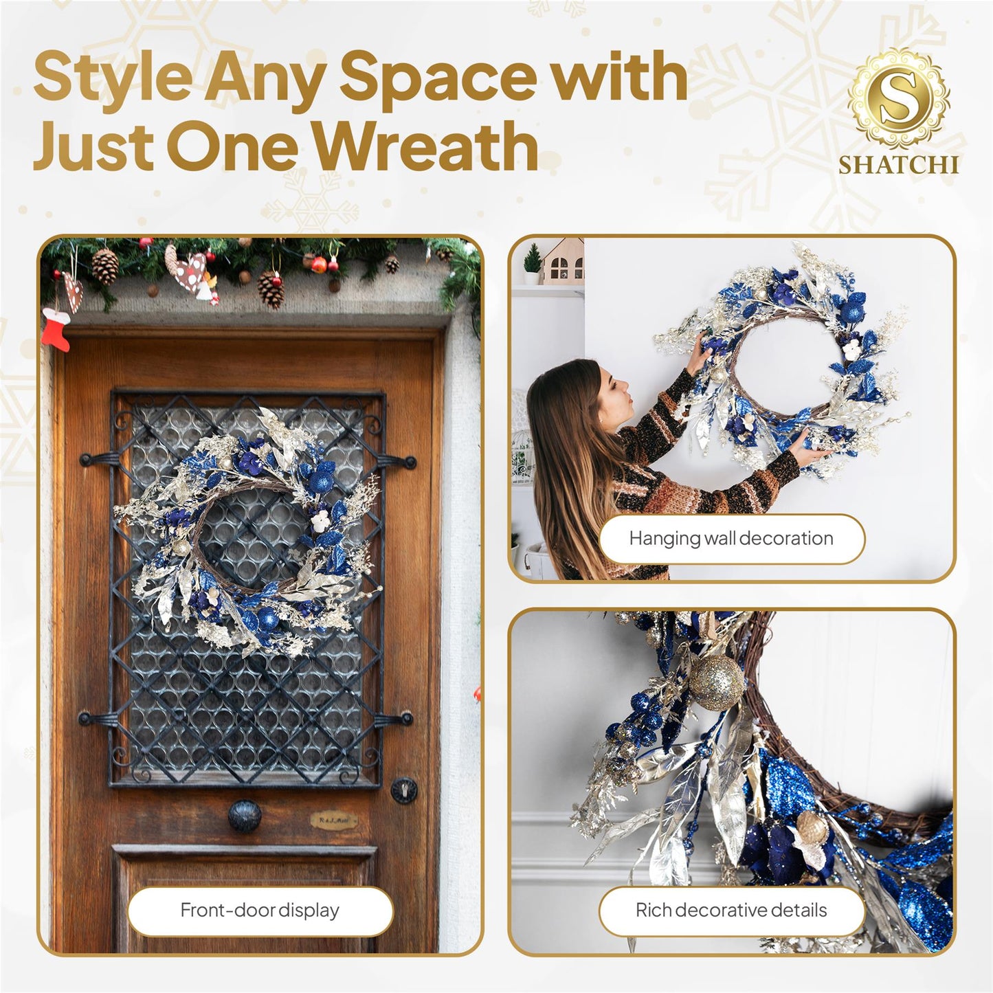 58cm Baubles Wreath Gold/Blue