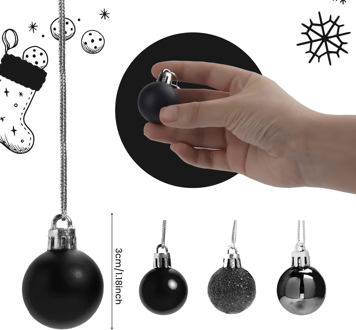 12 Black Baubles - 3cm