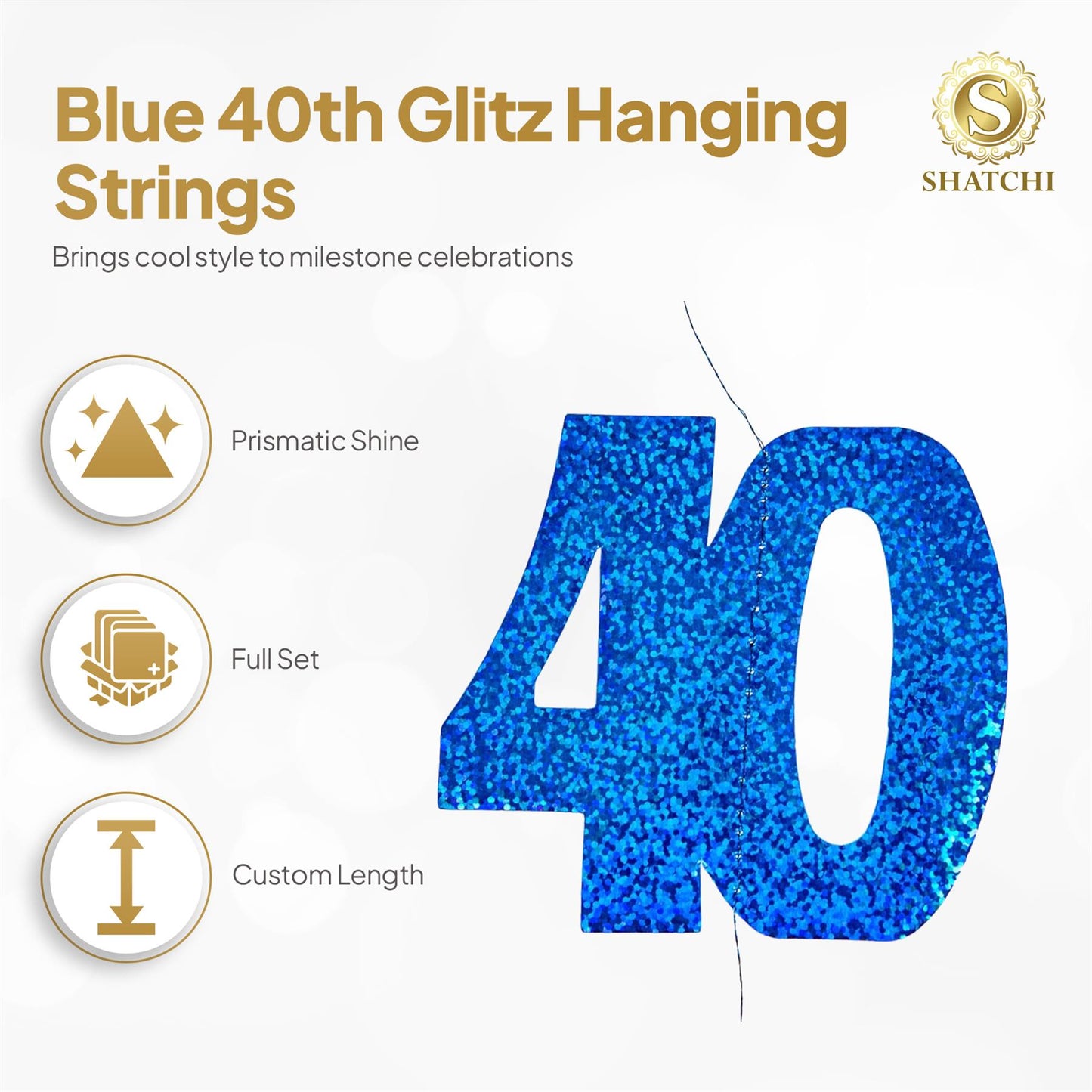 Shatchi 40th Glitz Blue Foil Hanging String Party Decorations Pack of 6