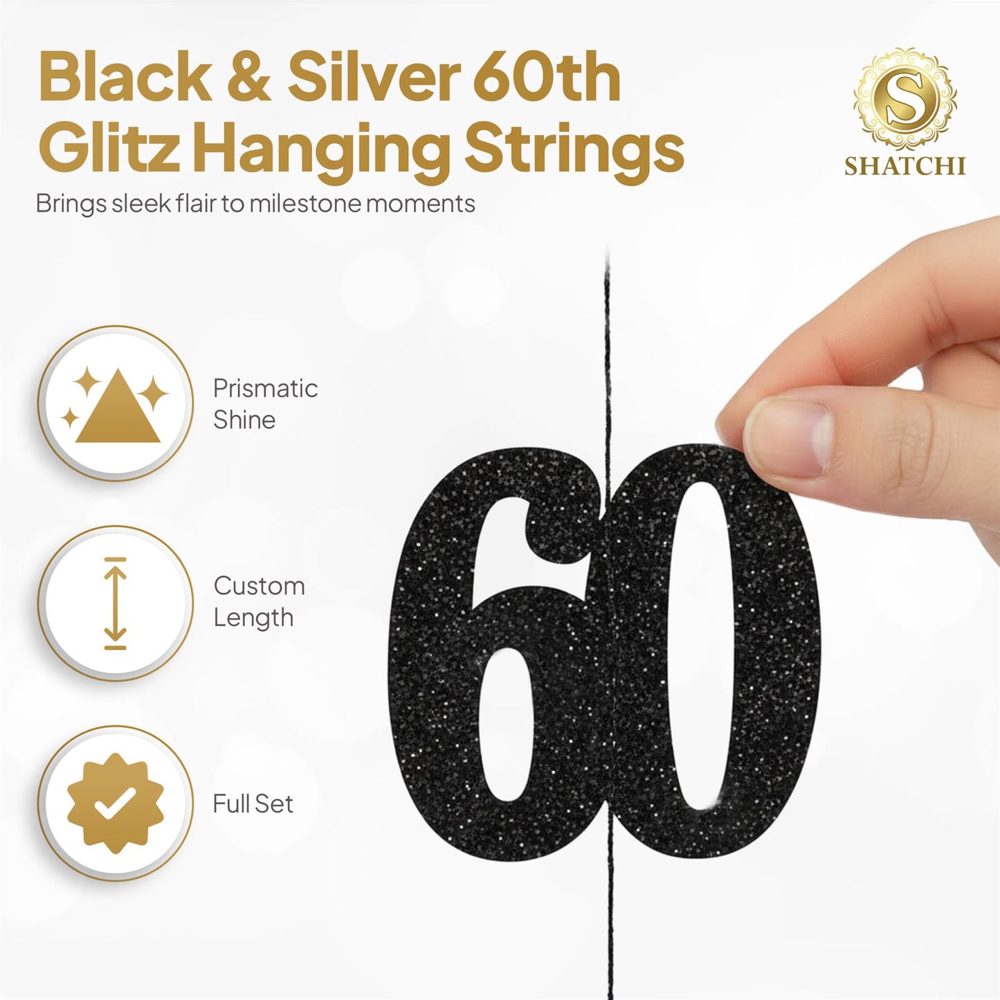 Shatchi 60th Glitz Black & Silver Hanging String Decorations Pack of 6