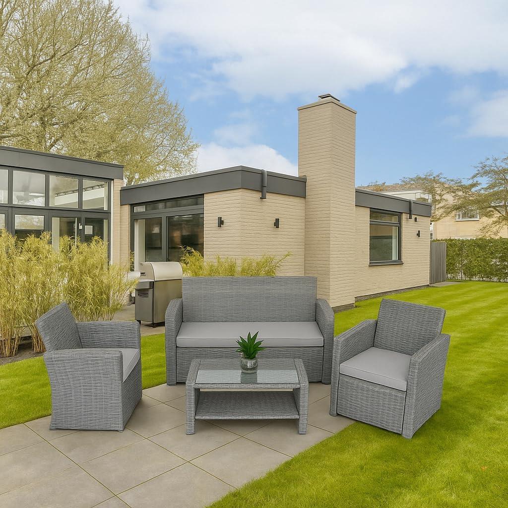Rattan Garden Furniture Sofa Set Armchair Sofa Glass Table Outdoor Patio 4Pcs