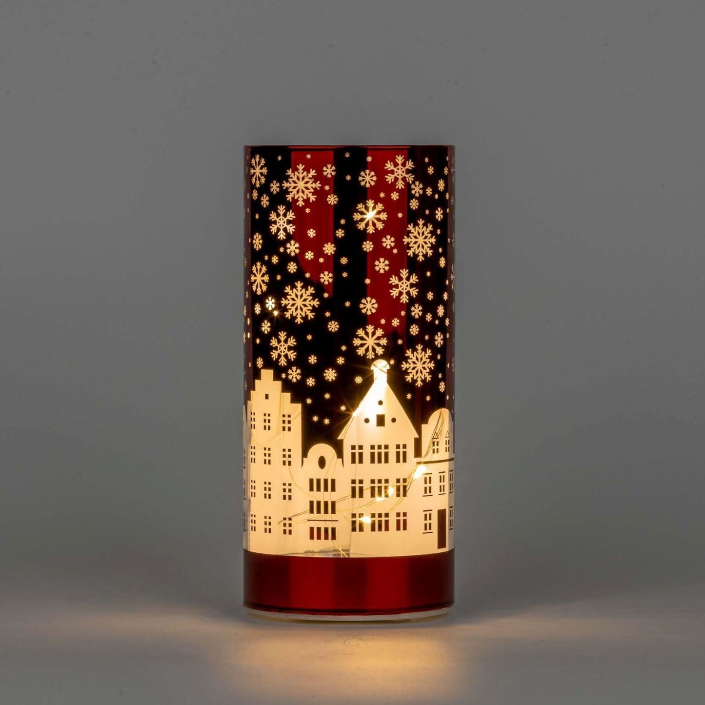 LED Red Glass Vase with Village Scene 17cm