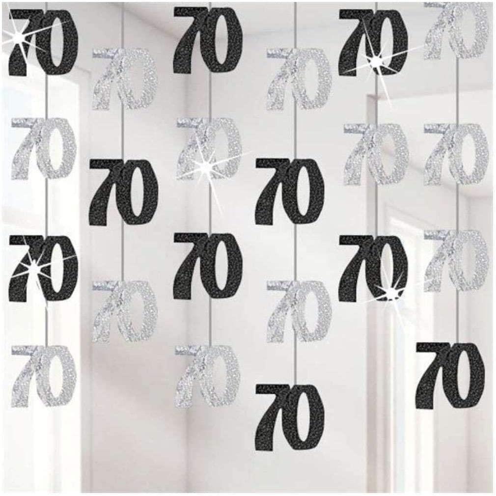 6 x 70th Birthday Party Hanging String - Foil Metallic, Black