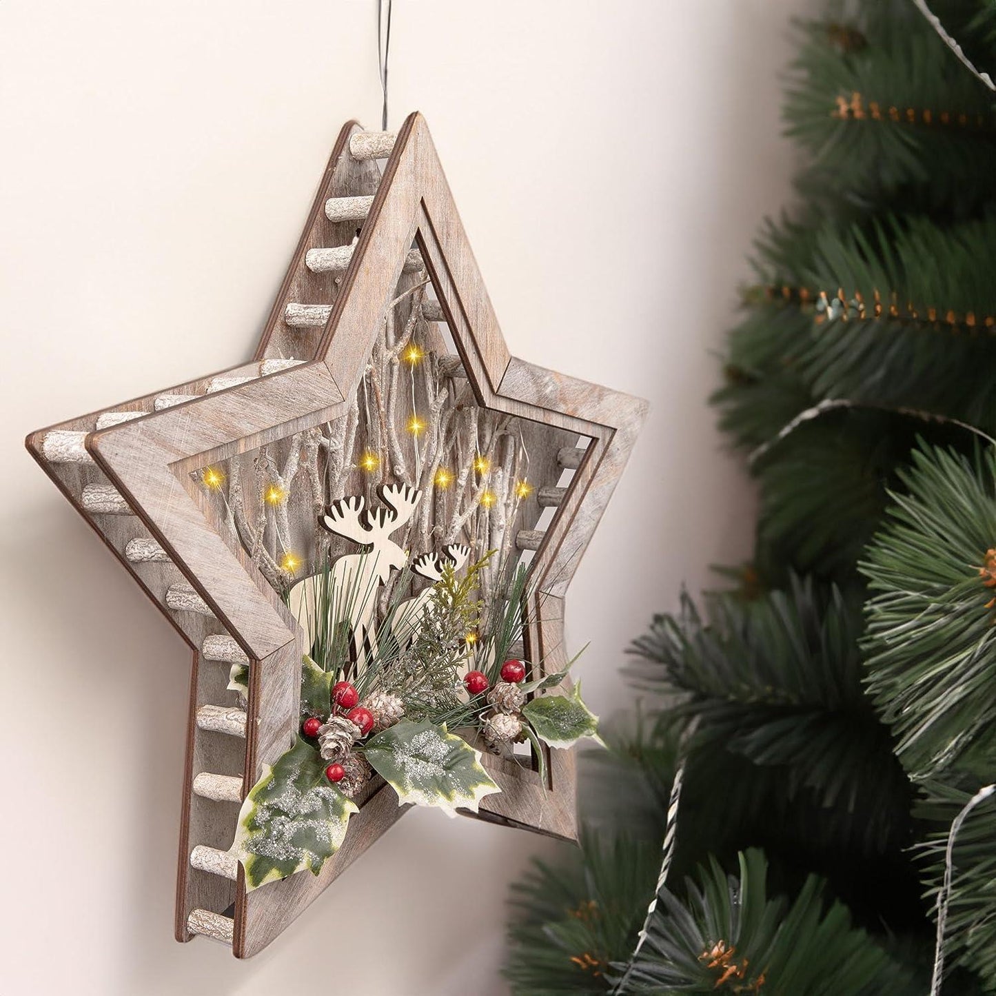 LED Wooden Reindeer Scene, Star Shape